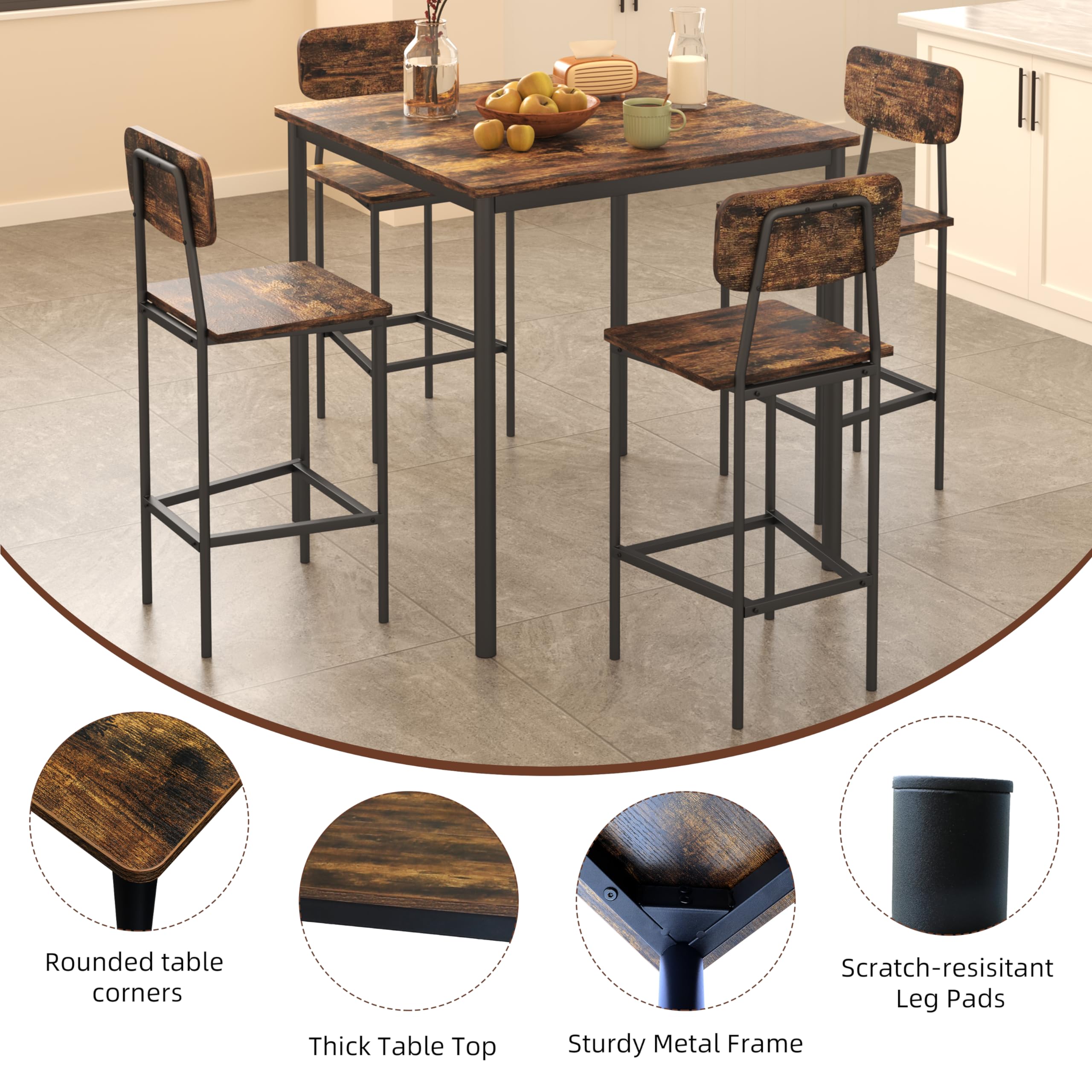 4-Piece Industrial Dining Table Set with Space-Saving Design - Rustic Brown Kitchen Table & Chairs for Family Dinners, Parties & Small Spaces | Perfect for Apartments, Breakfast Nooks & Cozy Gatherings