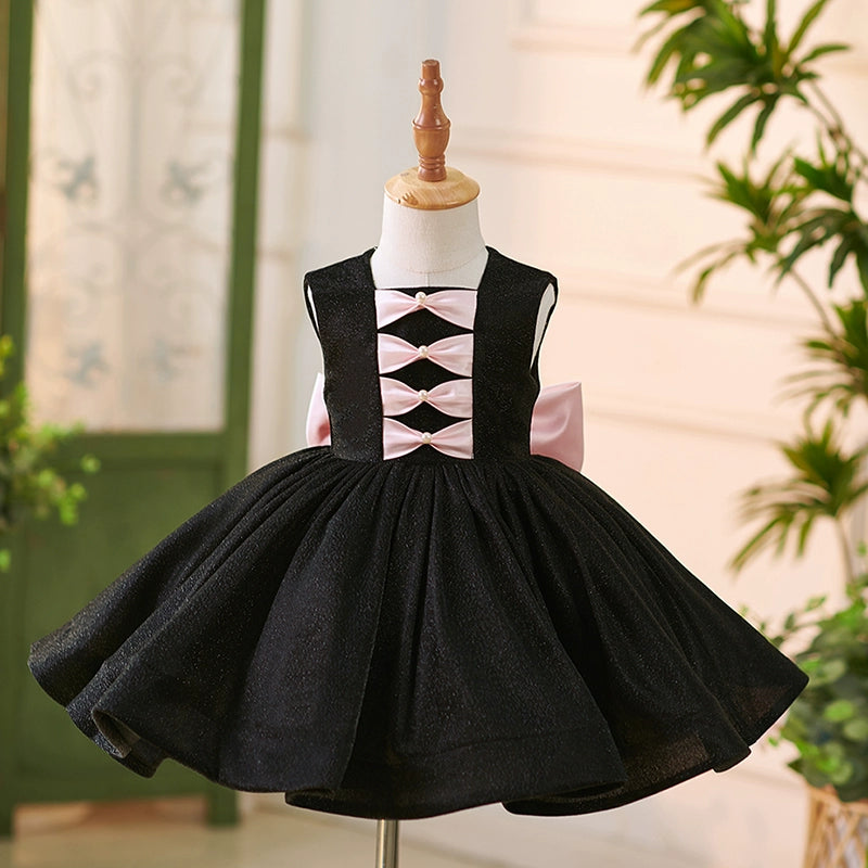 Elegant Black Sleeveless Bow Puff Dress for Baby Girls - Toddler Birthday Party Gown | Perfect for 1st Birthday, Photoshoots & Special Occasions