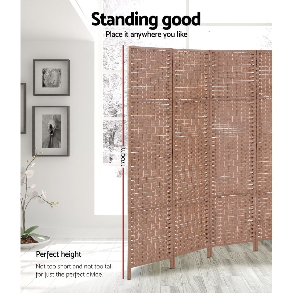 4 Panel Room Divider Screen - Hand Woven Rattan & Timber Privacy Partition - Foldable Room Separator for Bedroom, Office, or Outdoor Use