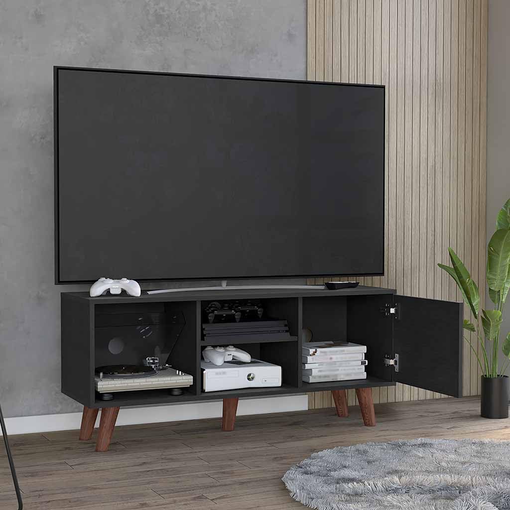 Tuhome 57 Inch TV Stand with 3 Shelves and Single Door Cabinet - Black for Living Room, Bedroom, or Home Theater Setup
