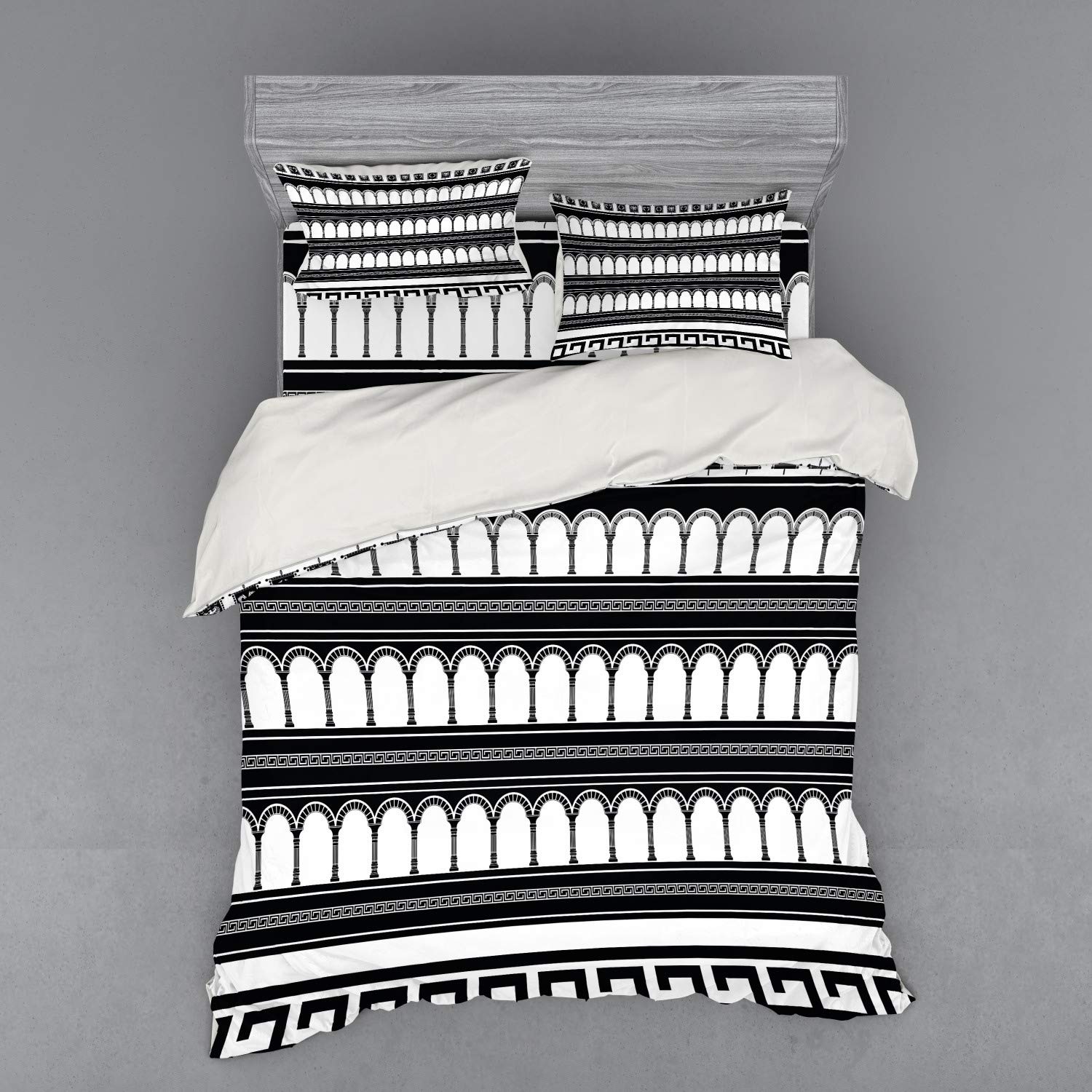 Ambesonne Retro Duvet Cover Set - Fantasy Colosseum Arch Roman Architecture Design, 4-Piece Queen Size Bedding Set with Shams & Fitted Sheet in Black & White | Perfect for Vintage Themed Bedrooms, Historical Decor & Unique Gift Ideas
