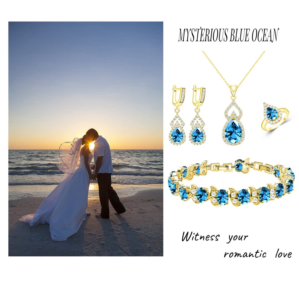 LMXXVJ Women's Jewelry Set - Sky Blue Crystal Gold Plated Earrings, Necklace, Ring & Bracelet Gift Set for Women | Perfect for Weddings, Parties, Anniversaries and Special Occasions