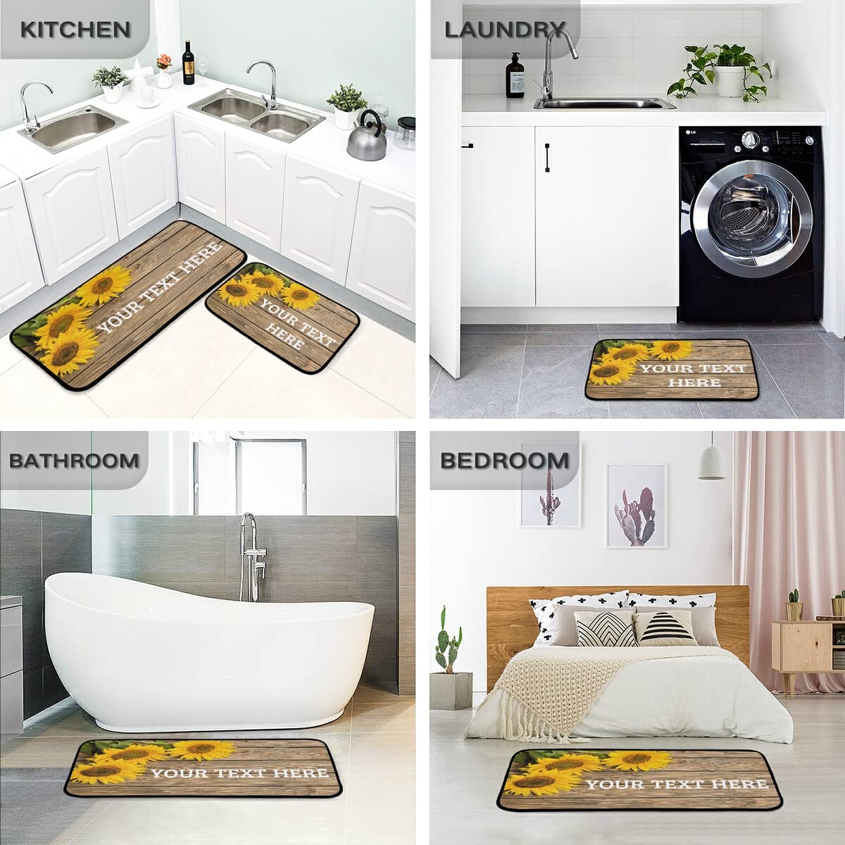 Custom Sunflowers Kitchen Rugs and Mats Set - 2 Piece Non-Slip Washable Runner Rug for Kitchen Floor, Laundry Room, and Home Decorative Use