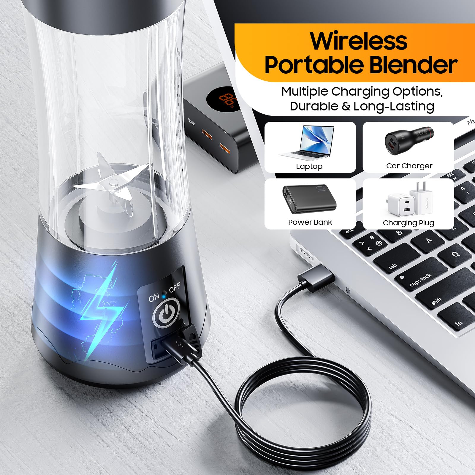 Portable Personal Blender for Smoothies, Shakes & Juices - 380ml Mini Blender with 6 Blades 3D Technology, Compact Travel Blender Cup for Gym, Office, Picnic & Outdoor Sports