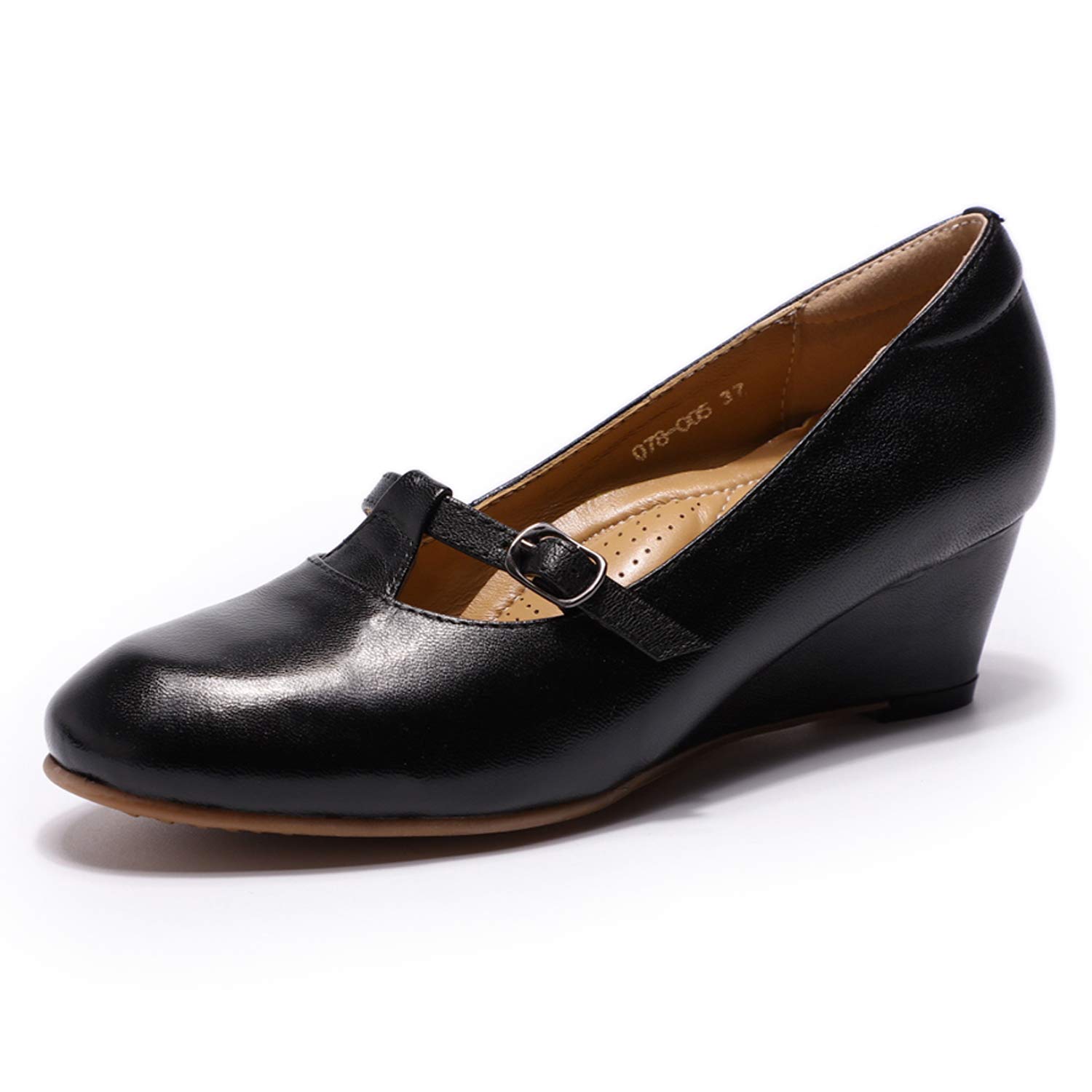 Mona Flying Women's Leather Mary Jane Wedge Pumps - Closed Toe Round Toe Mid Heel Dress Shoes for Ladies | Comfortable & Stylish for Office, Party & Wedding Events