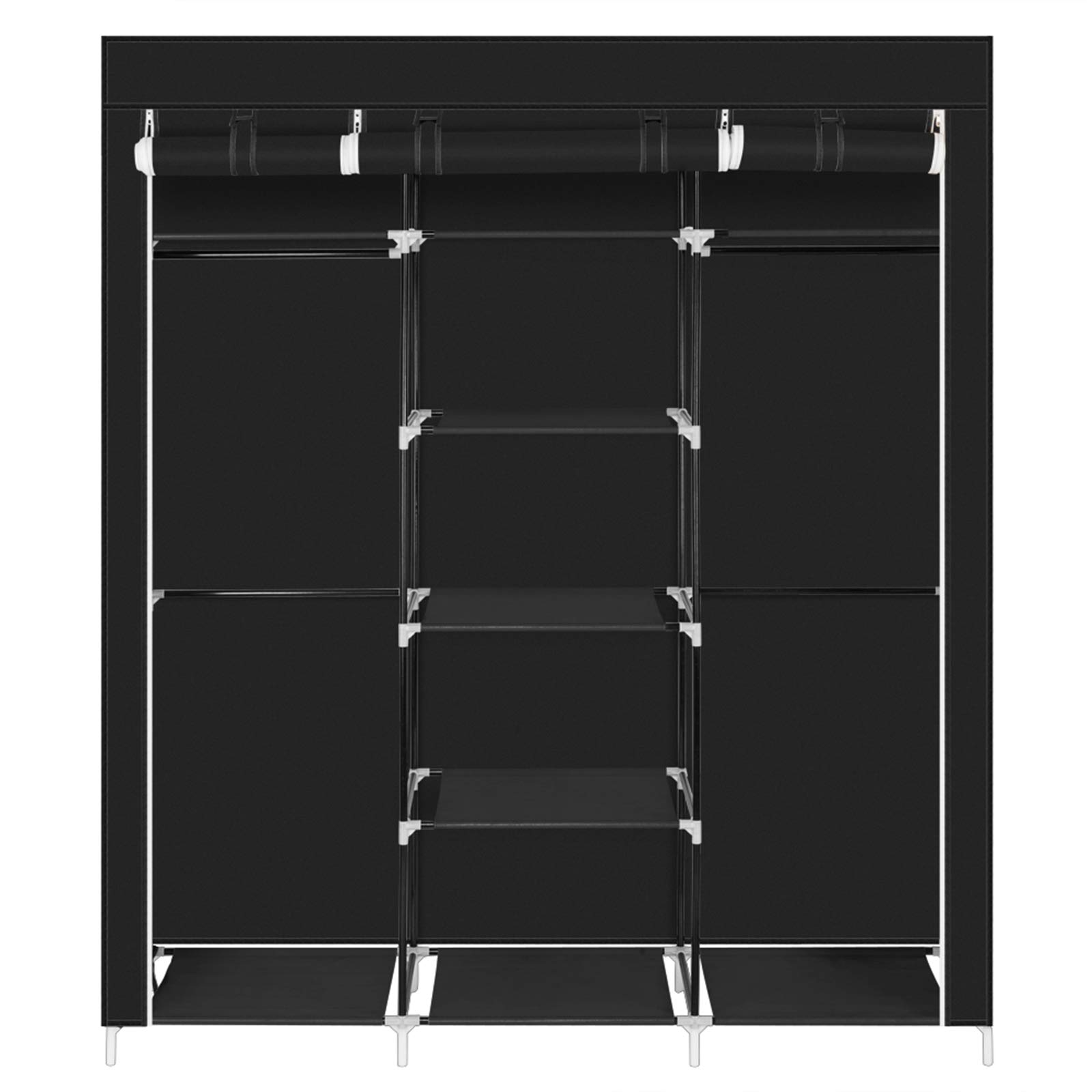 Kcelarec Fabric Wardrobe Closet - Portable Clothes Storage Organizer with Hanging Rail & Shelves, Foldable Fabric Cover for Bedroom, Cloakroom or Dorm (Style 3-Black) | Space-Saving Clothing Storage Solution for Small Spaces & Travel