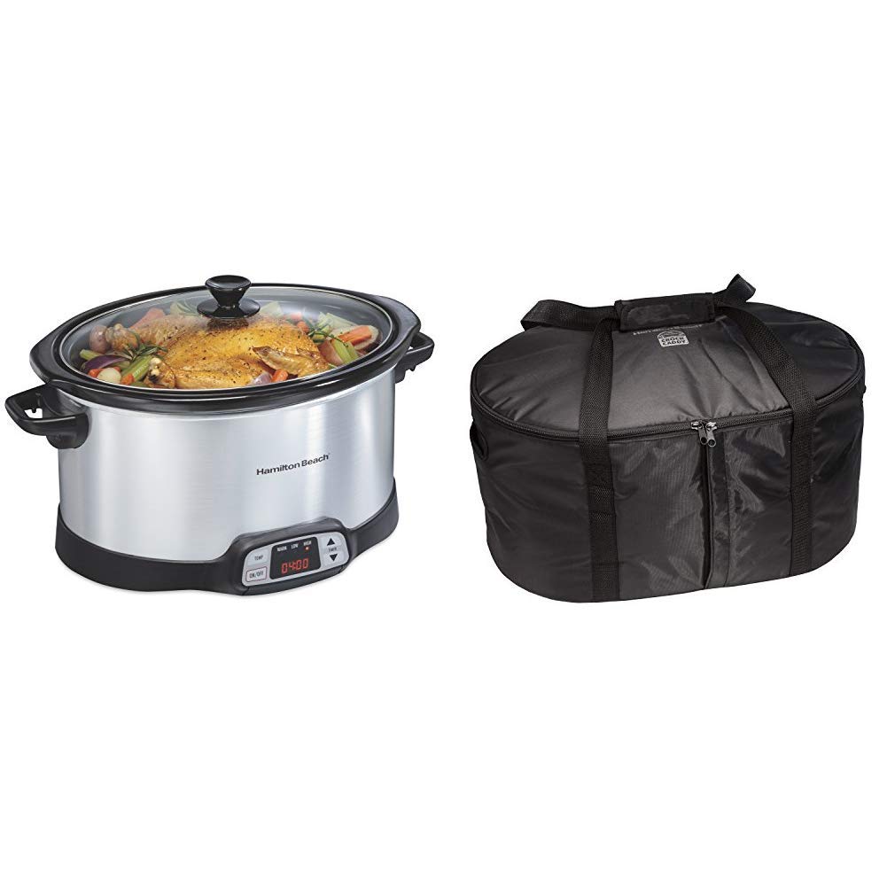 Hamilton Beach 8-Quart Programmable Slow Cooker with Digital Timer - Silver (33480) | Includes Insulated Travel Carrier Bag for 4-8 Quart Slow Cookers (33002) | Perfect for Family Dinners, Potlucks & Meal Prep