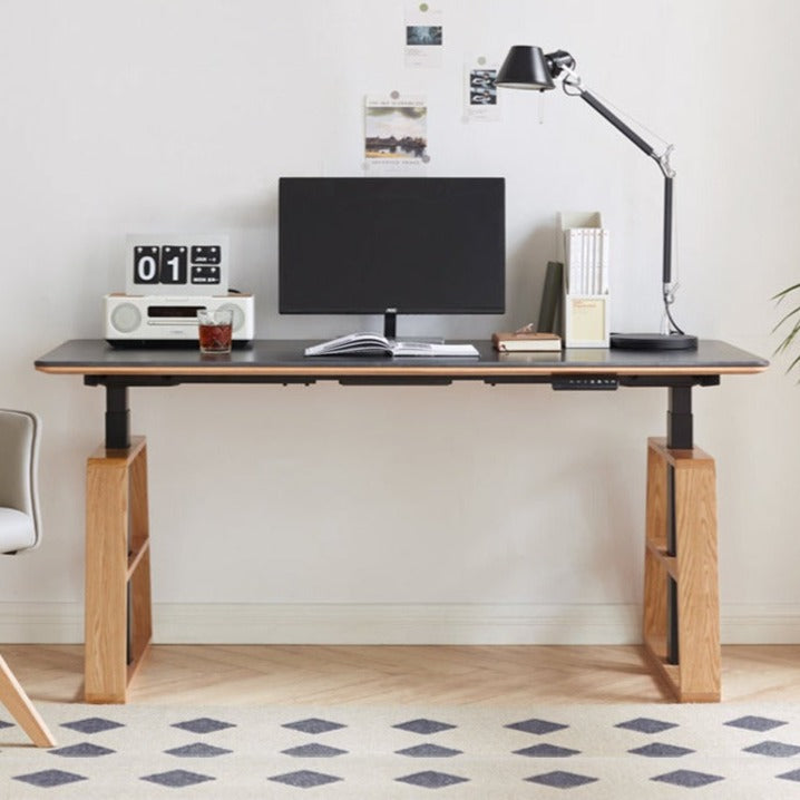 Premium Oak Solid Wood Standing Desk with Natural Rock Slab Top - Ergonomic Adjustable Height Home Office Desk for Work & Study