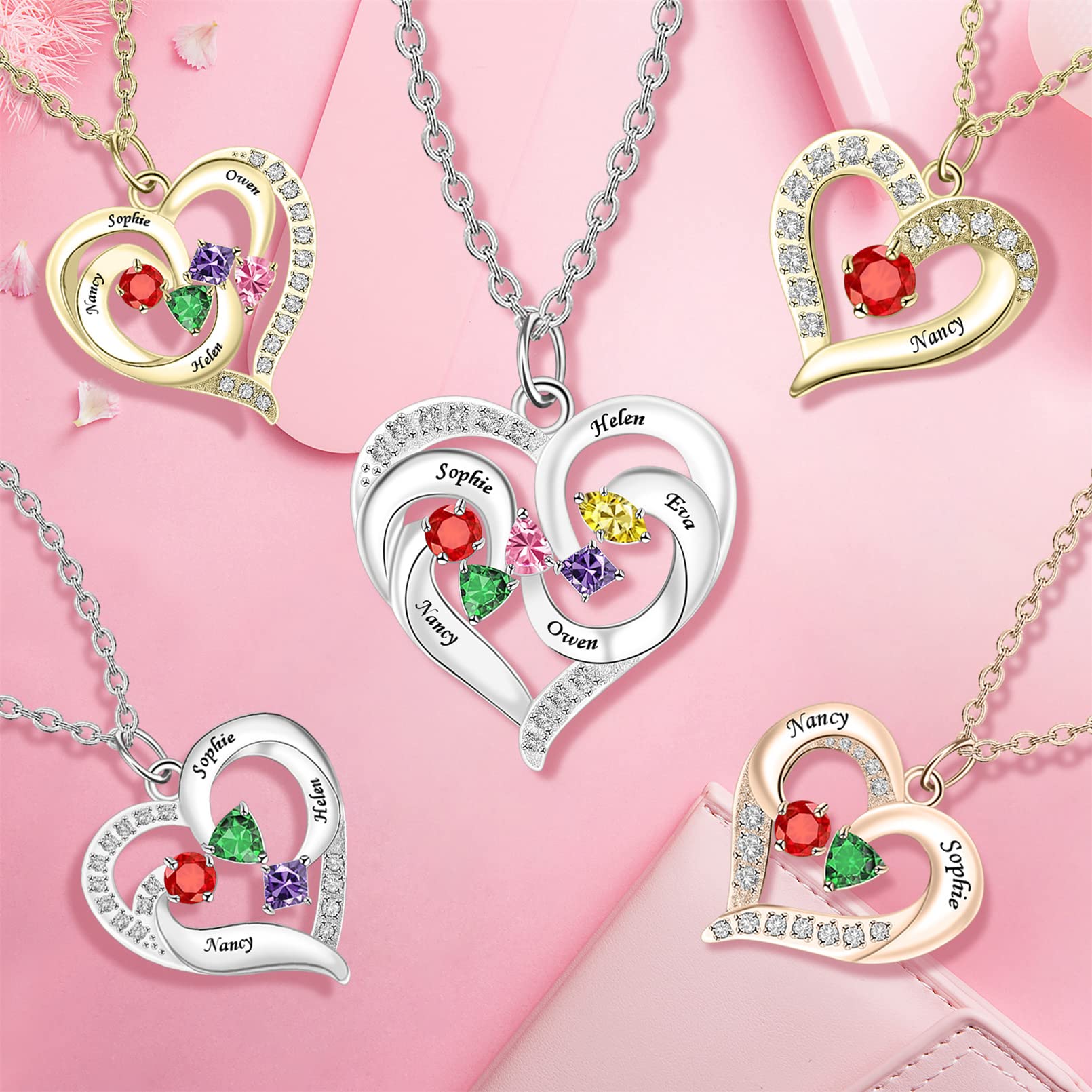 MissNaNa Personalized Birthstone Necklace for Mom, Women, Wife - Custom Name Jewelry with 1-5 Names in Round, Triangle, Pentagon, Princess & Pear Cuts - Perfect Gift for Mother's Day, Birthday & Anniversary