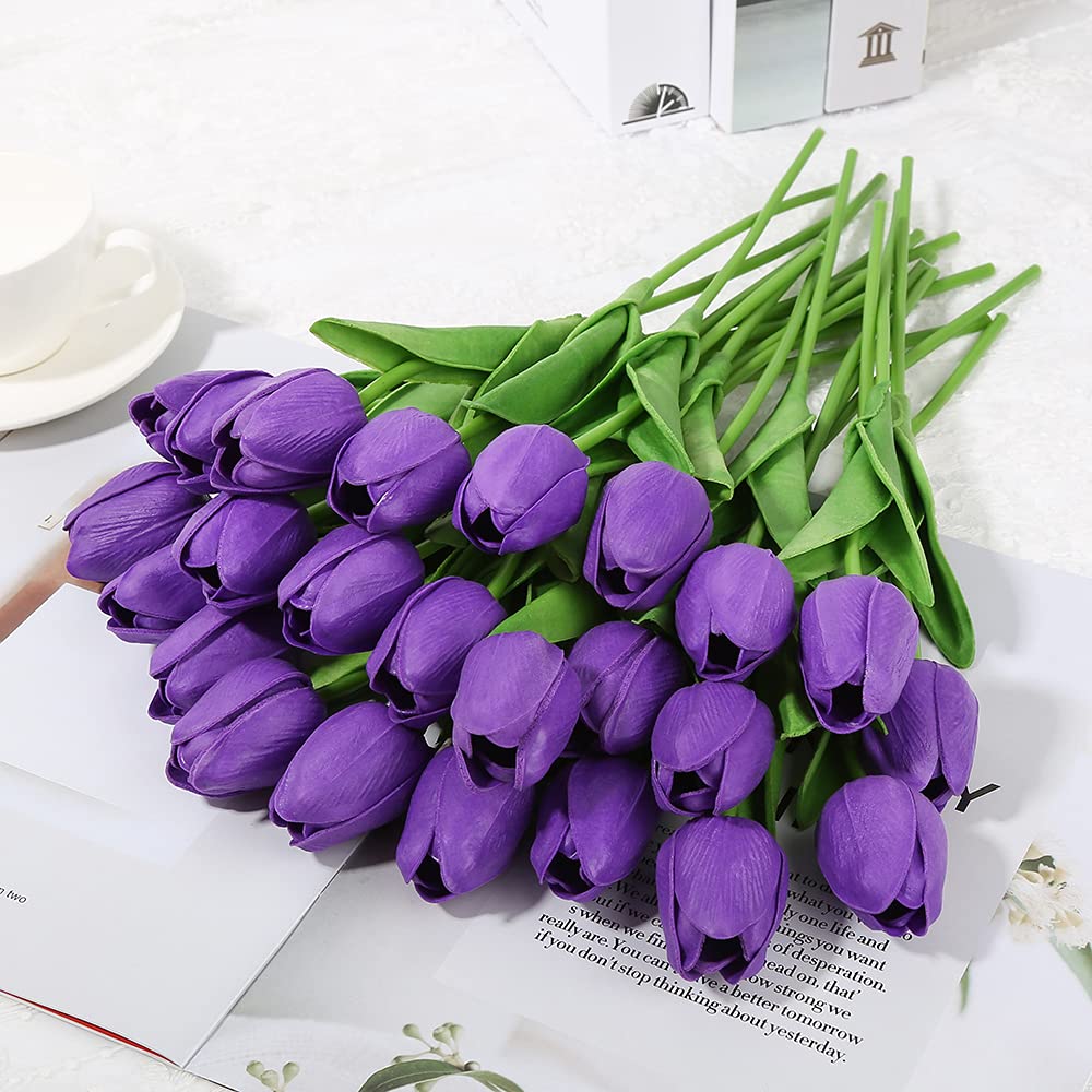 IPOPU 24PCS Real Touch Artificial Tulip Flowers - Lifelike Purple Faux Tulips for Home Decor, Wedding Centerpieces, Baby Shower Arrangements & Table Decoration | Perfect for Living Room, Dining Table, Office Desk and Special Events