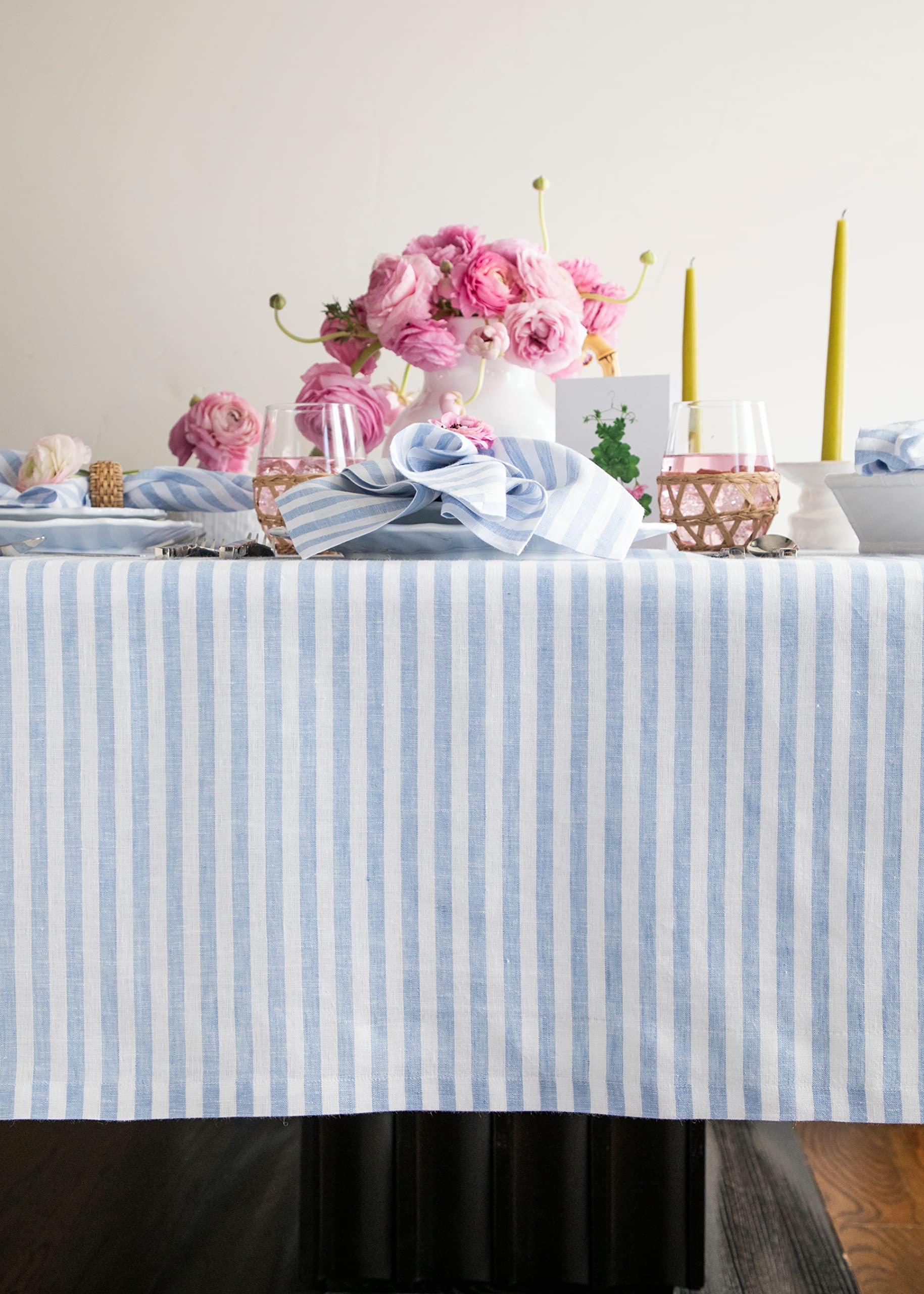 Solino Home 100% Pure Linen Tablecloth - Sky Blue & White Striped Easter Table Runner 60x90 Inch - Handcrafted, Machine Washable - Perfect for Dining, Parties, Weddings & Holiday Decor