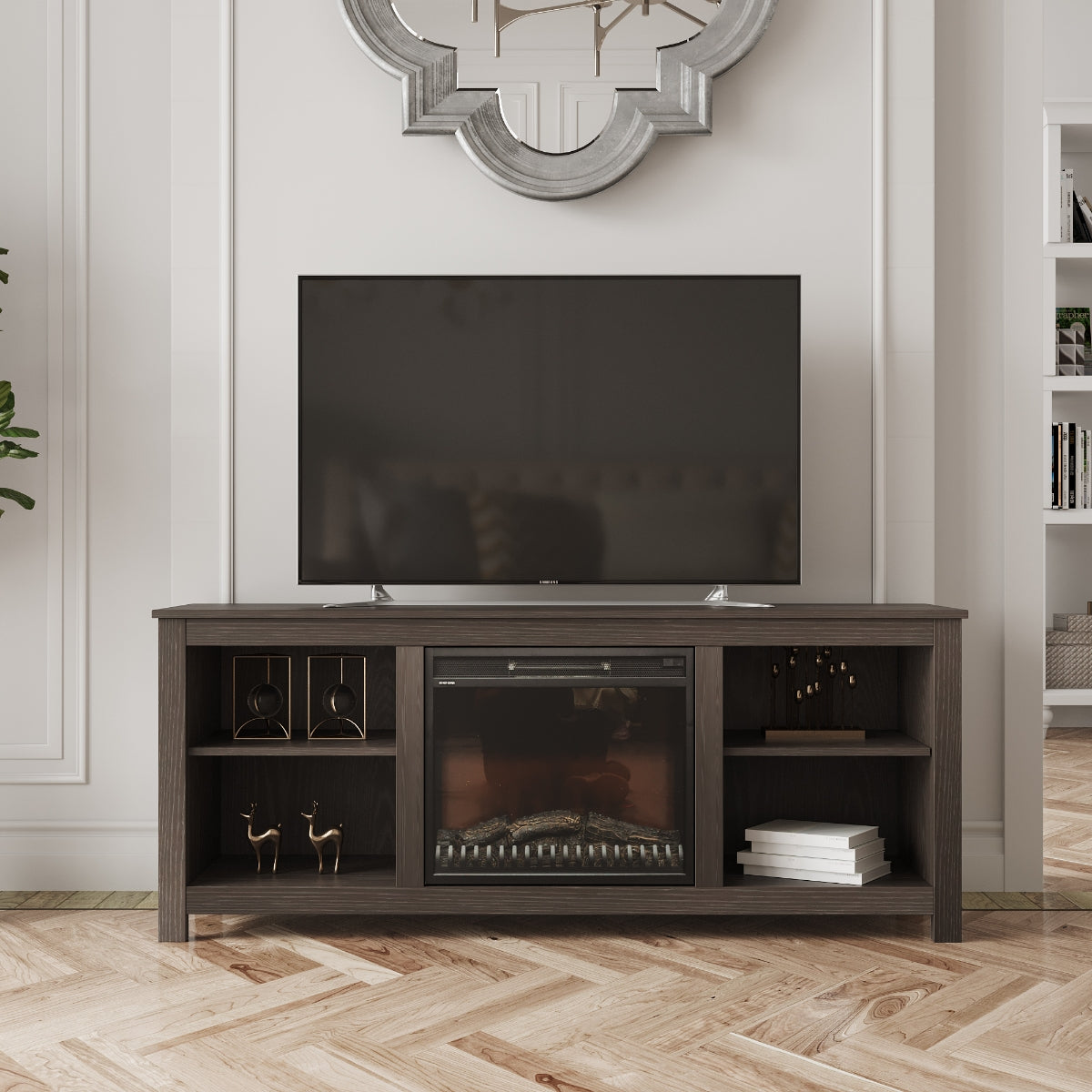 Brenna 64 Inch TV Stand with Electric Fireplace - Remote Control & Timer for Living Room, Bedroom, Home Theater Entertainment Center
