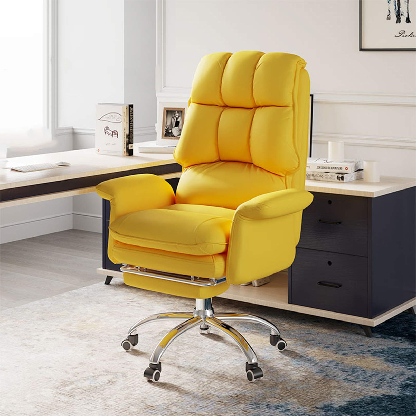 Ergonomic PU Leather Office Chair with Lumbar Support - High Back Swivel Executive Desk Chair, Adjustable Rolling Computer Chair with Retractable Footrest for Home & Office Workspace - Perfect for Long Hours of Sitting, Gaming, or Remote Work