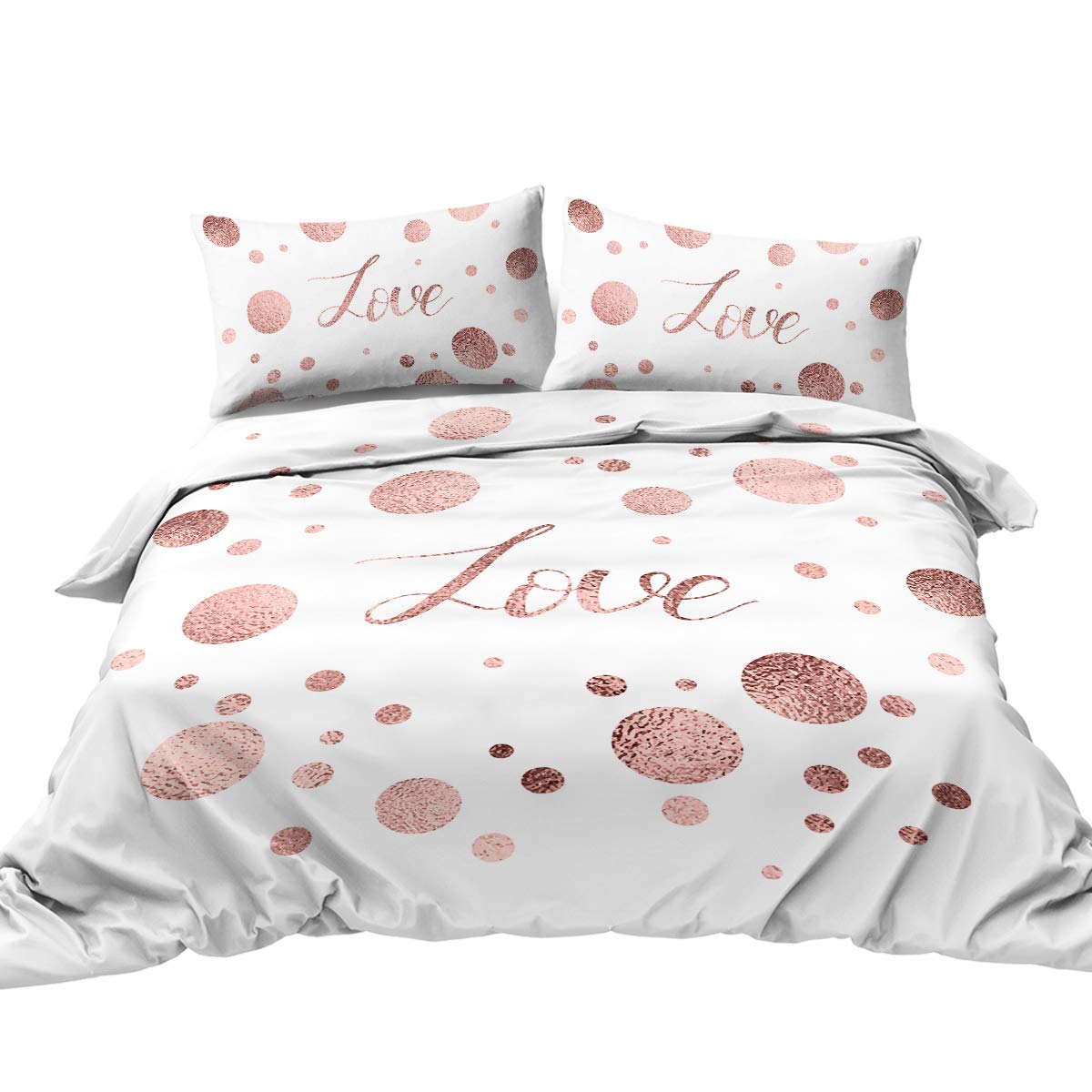BlessLiving Love Letter Duvet Cover Set - Faux Rose Gold Glitter Bedding with Chic Pink Sparkle Polka Dots, 3-Piece Twin Size (Duvet Cover + 2 Pillowcases) for Modern Bedroom Decor, Girls' Room & Romantic Gift Idea