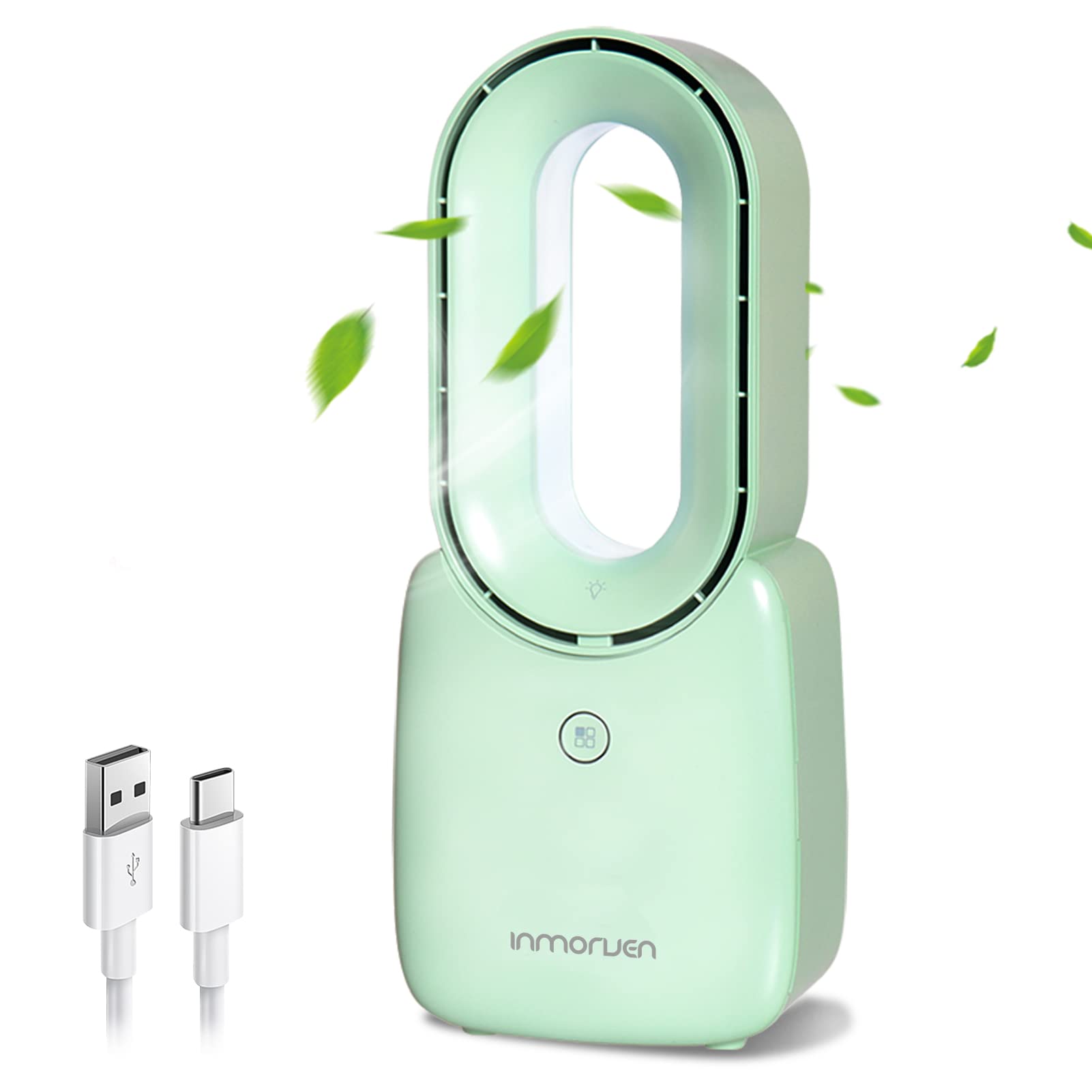 CONBOLA 11.8 Inch Bladeless Desk Fan - Portable Rechargeable Quiet Air Cooler with Touch Control & 5-Color LED Lights for Office, Bedroom, Dorm - Green (Ideal for Work, Study & Sleep)
