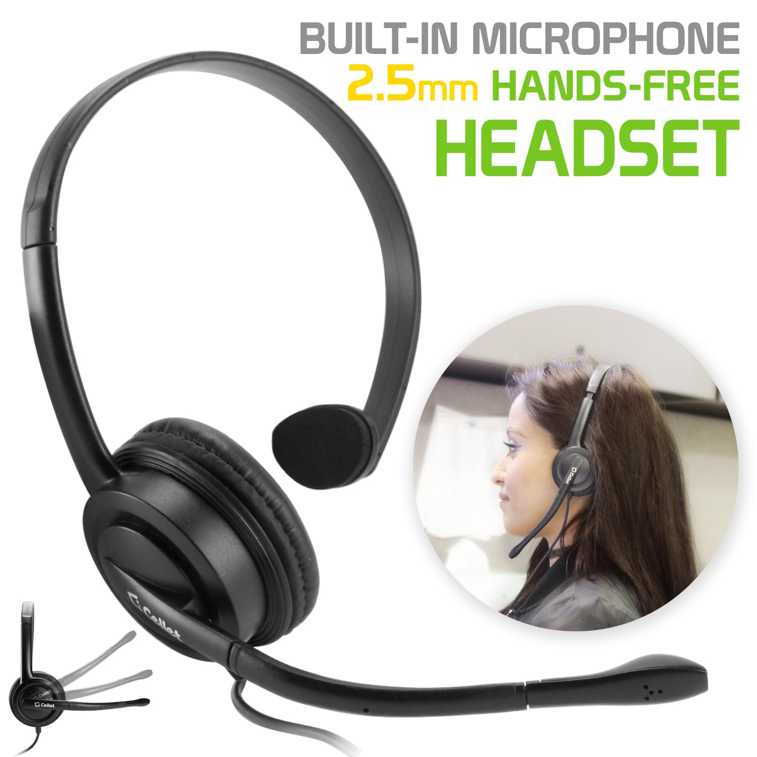 Cellet Premium Mono 2.5mm Hands-Free Adjustable Headset with Boom Microphone - Compatible with Landline Phones, Cordless Phones & Office Business Phones (Not for Smartphones) - Ideal for Call Centers, Customer Service & Office Communications