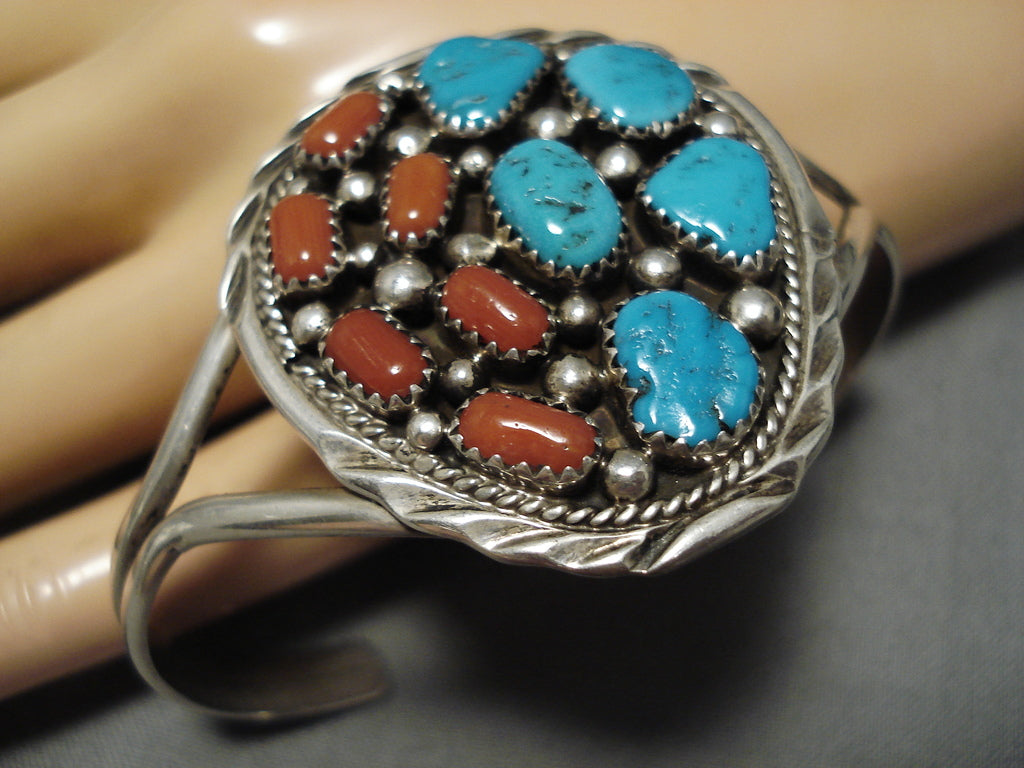 Vintage Navajo Turquoise Coral Sterling Silver Bracelet – Handmade Native American Jewelry for Women, Boho Chic Accessory, Perfect for Festivals & Special Occasions