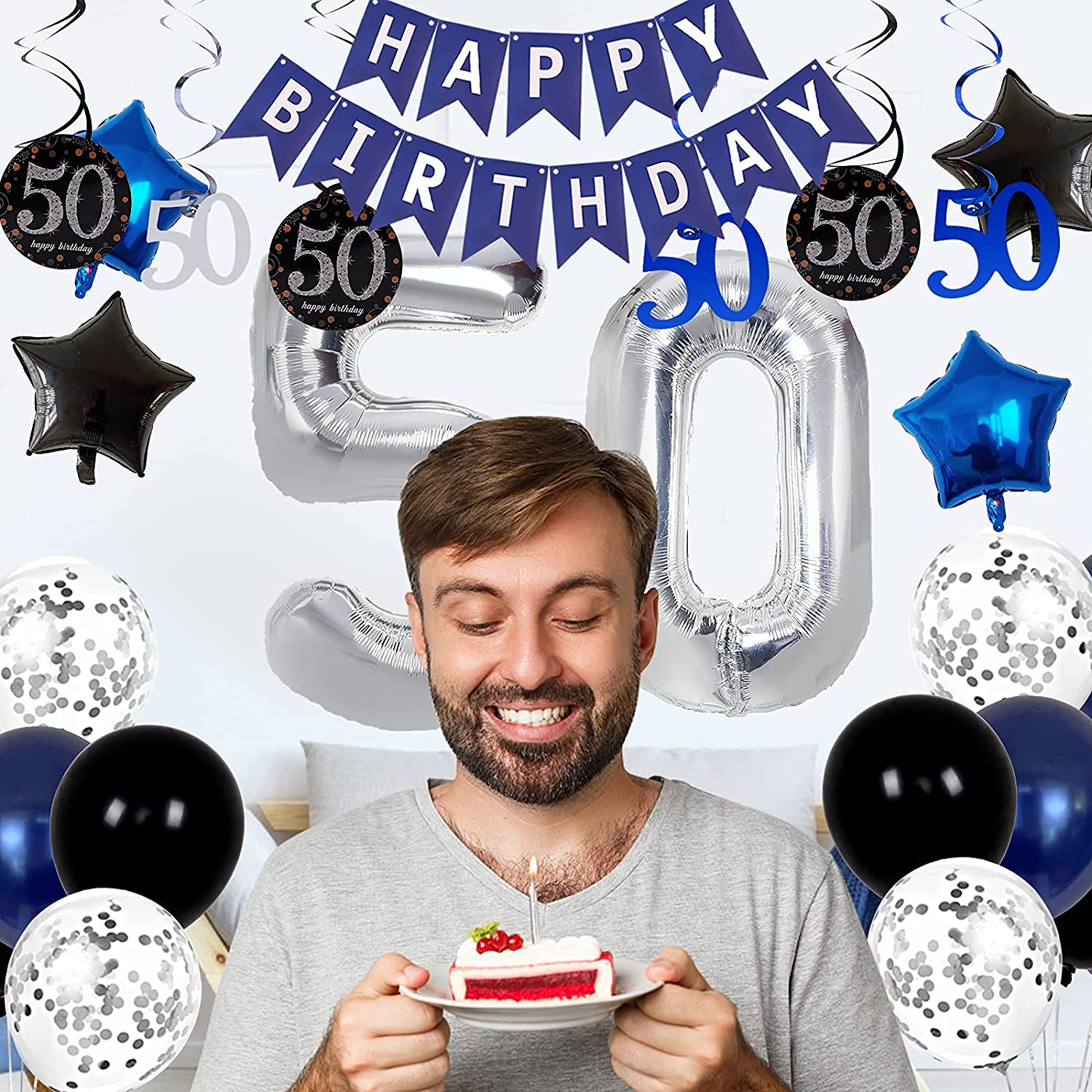 50th Birthday Party Decorations Set for Men & Women - Blue Happy Birthday Banner, Balloons & Party Supplies - Perfect for 50th Birthday Celebrations, Milestone Parties & Anniversary Decorations