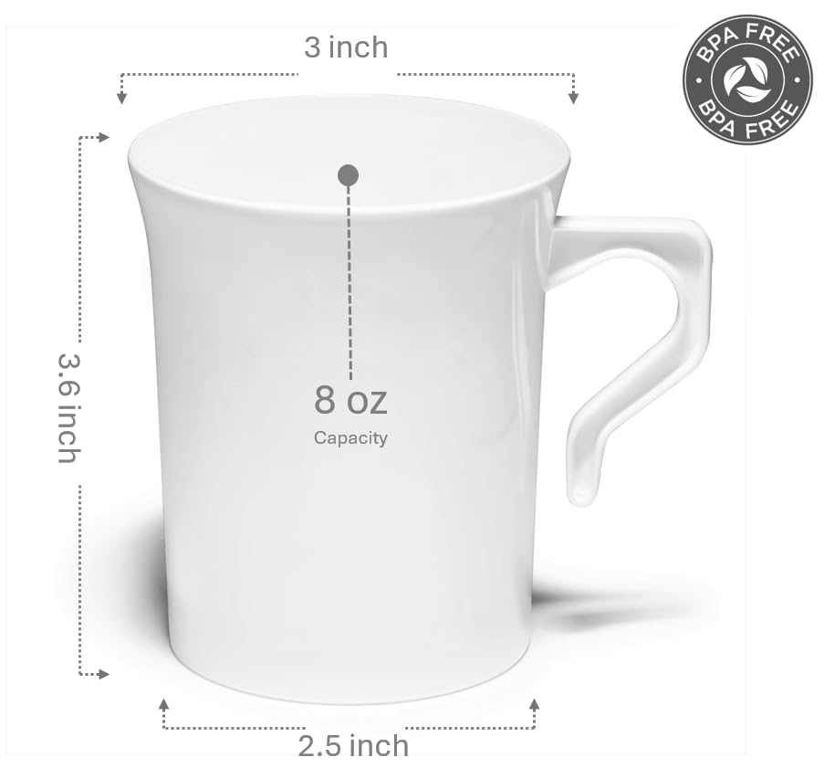240 Pack Heavyweight Disposable 8 oz Plastic Coffee Cups with Handles - Wedding, Party, Office Use - White Tea Mugs for Cappuccino, Espresso & Hot Beverages