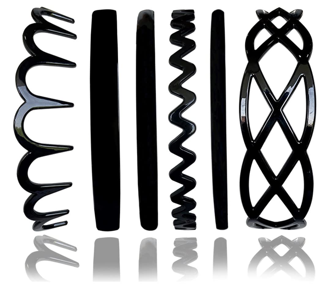 Sonpal Glossy Black Plastic Teeth Comb & Multi Mix Headbands Set for Girls & Women - DIY Hair Accessories (6 Pcs) - Perfect for Styling, Parties & Everyday Use
