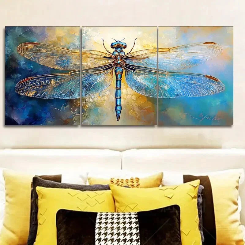 3-Piece Blue Dragonfly Metal Wall Art Prints - Ready to Hang Home Decor for Living Room, Bedroom & Office