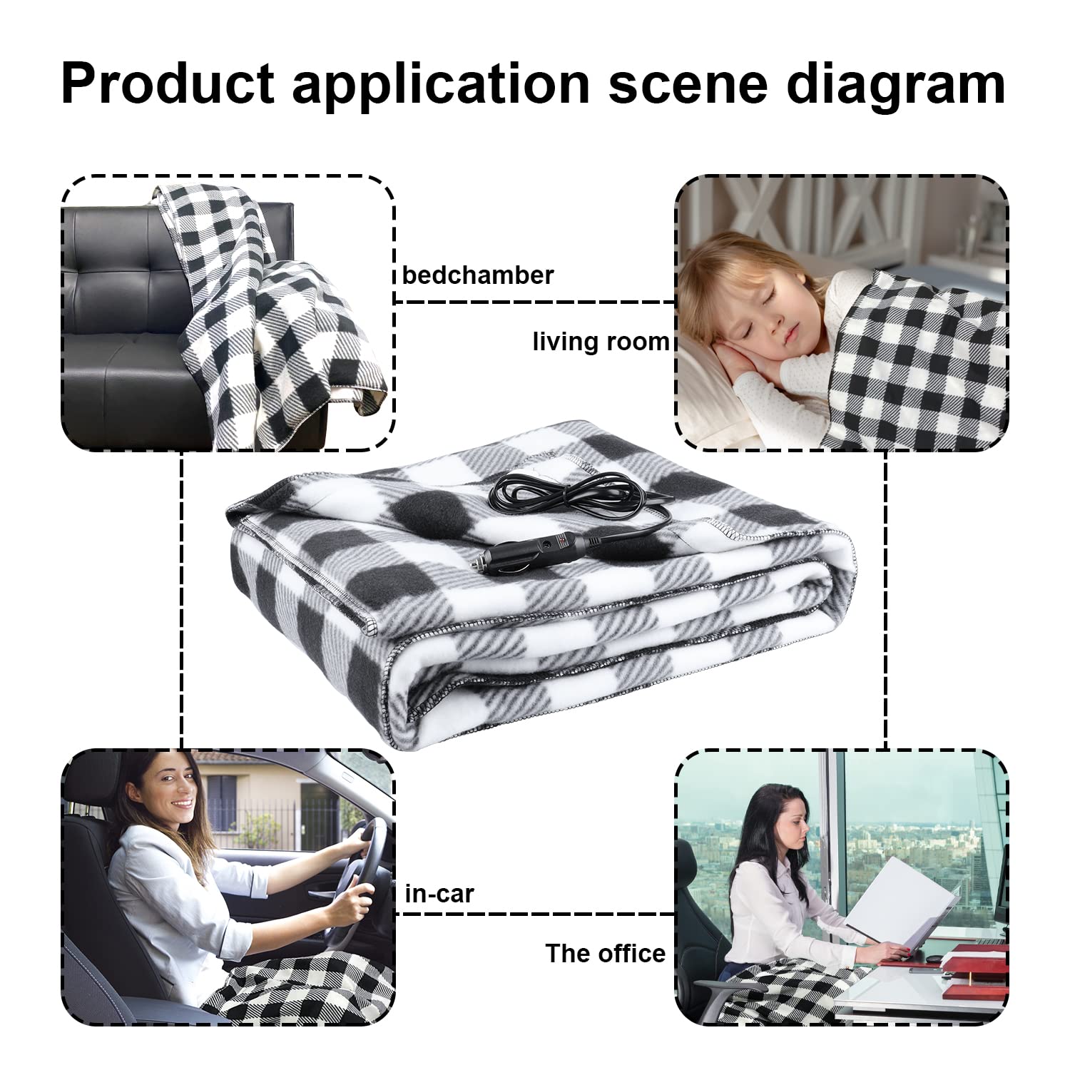 12V Electric Heated Car Blanket - Lightweight Portable Travel Blanket for Cold Weather & Camping - 59