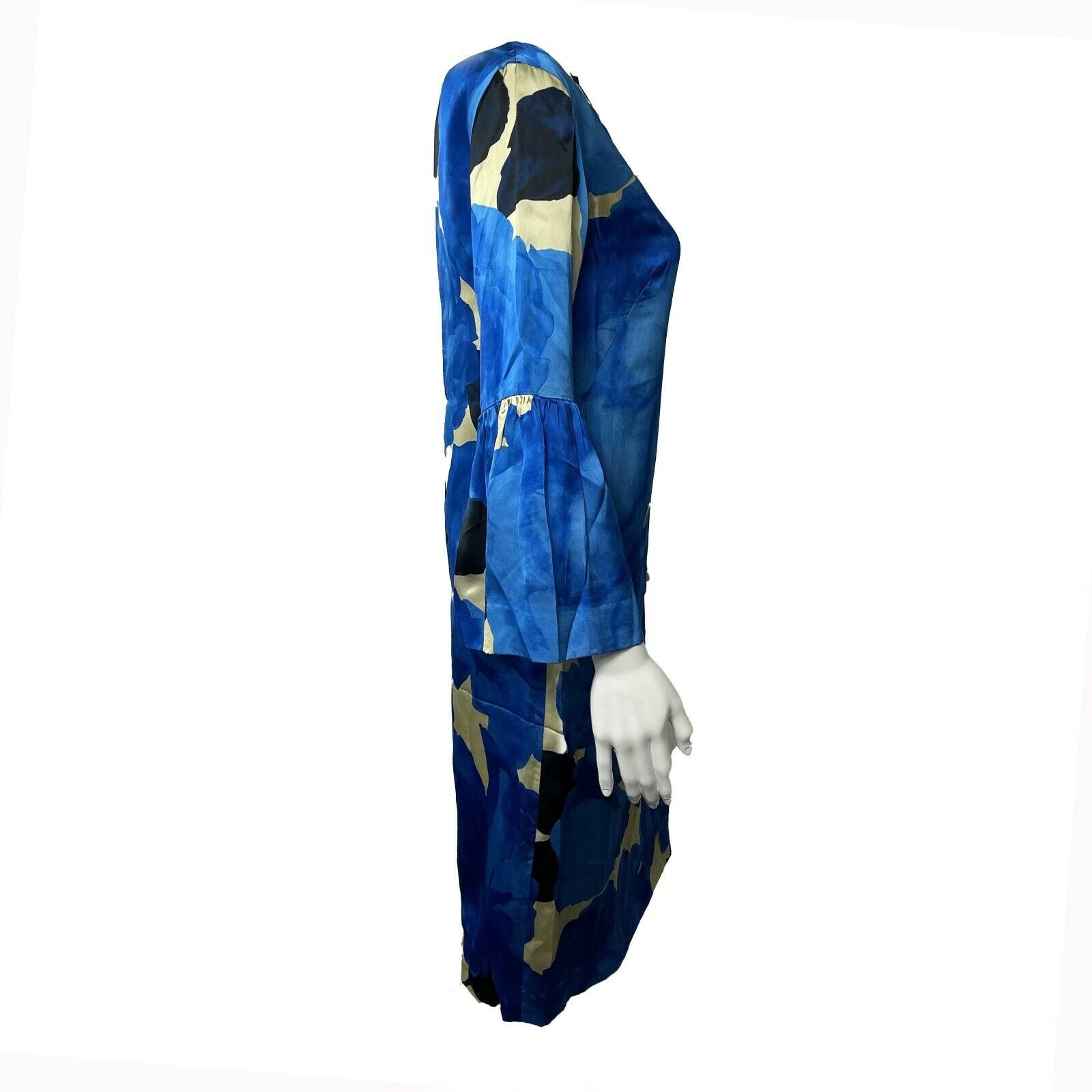 Dries Van Noten Blue Floral Satin Dress - Elegant Midi Dress in Blue, White & Black | Size IT34/US00 | Perfect for Weddings, Parties & Special Occasions