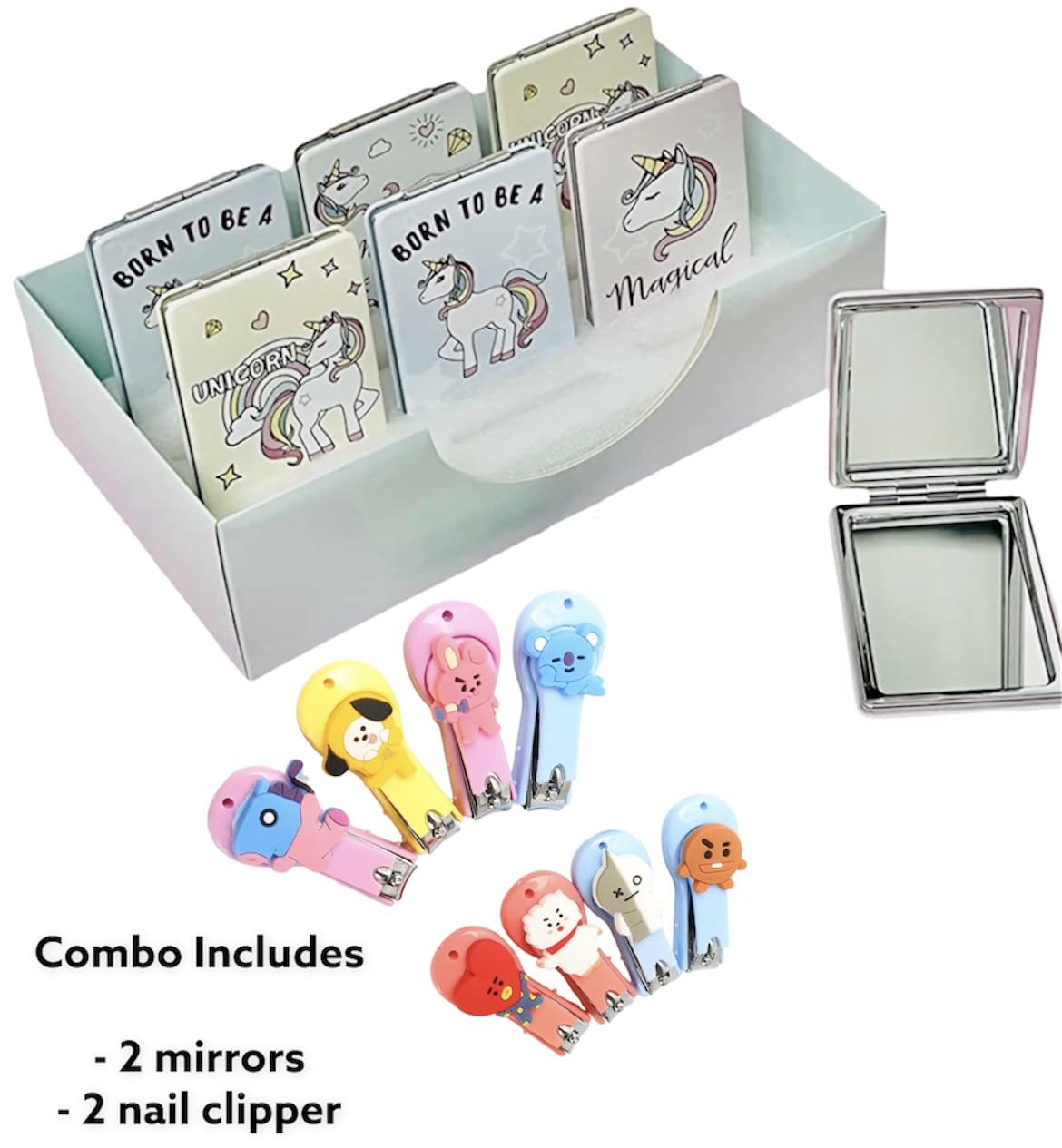 Portable Unicorn Folding Mirror (2 Pack) - Cute Cartoon Printed Compact Cosmetic Mirror with Nail Clipper - Perfect Gift for Girls & Teens - Great for Travel, Makeup, and School Essentials