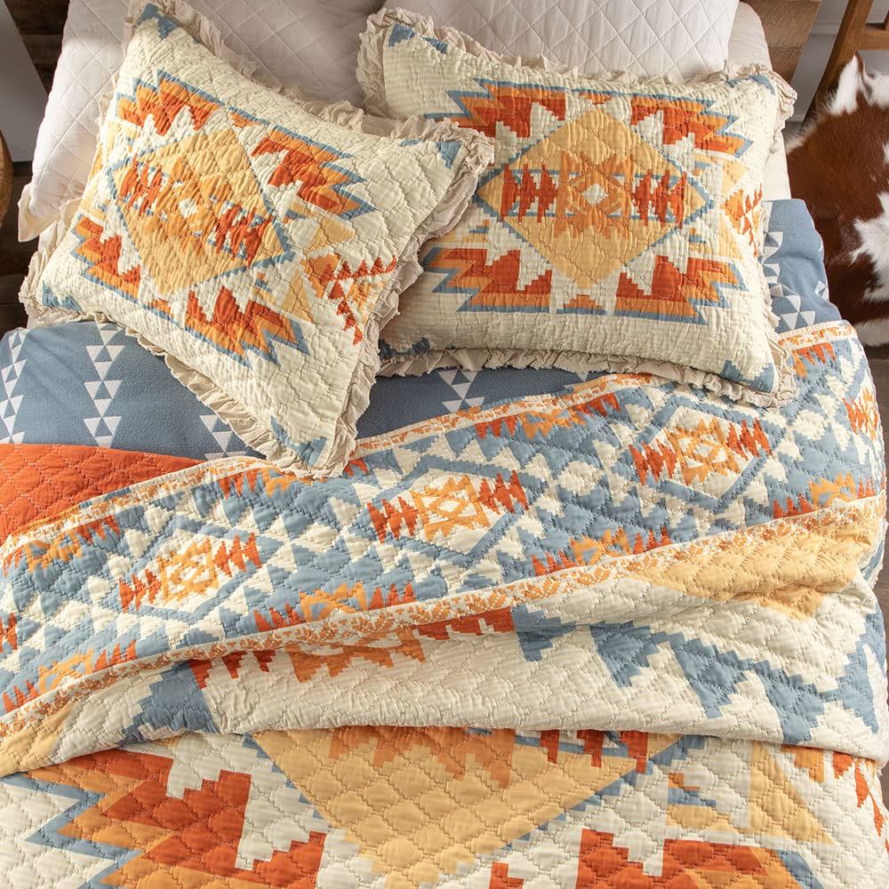 Southwest Aztec Geometric King Quilt with Ruffle Trim - Blue, Orange, Rust, Tan, Cream - 105x95 Inches - Perfect for Southwestern, Boho, or Native American Style Bedrooms