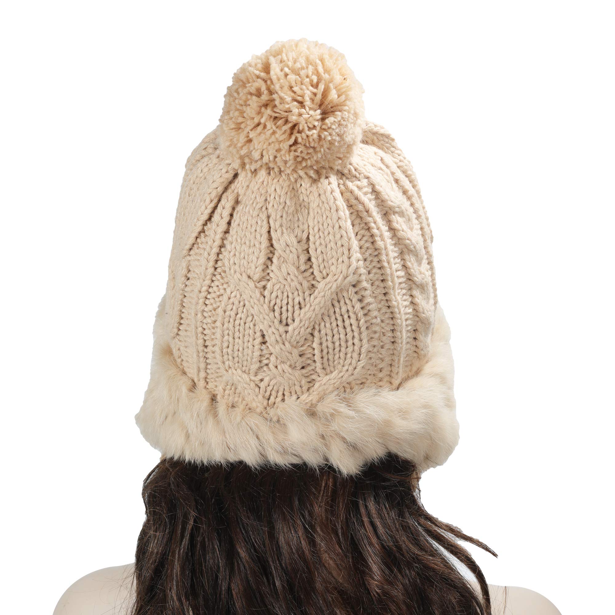 ZLYC Women's Winter Warm Rabbit Fur Knit Bobble Beanie Hat with Earflaps - Cozy Cold Weather Accessory for Outdoor Activities & Fashion Style