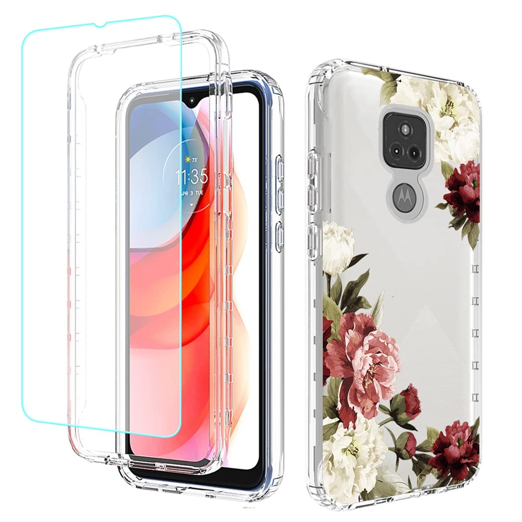 Premium Clear Floral Phone Case for Motorola Moto G Play 2021 (XT2093DL) with Tempered Glass Screen Protector - Slim Protective Cover with Cute Flower Design - Perfect for Everyday Use, Work & Travel