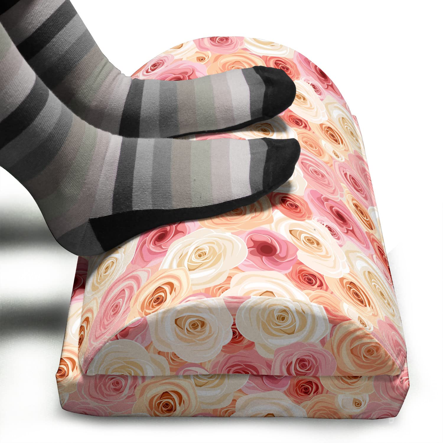 Ambesonne Rose Foot Rest - Adjustable Ergonomic Memory Foam Leg Support with Non-Slip Backing, Romantic Pastel Rose Petals & Buds Pattern - Perfect for Office, Home & Travel Comfort