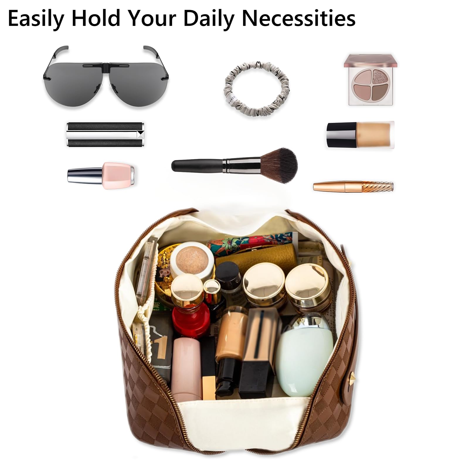 Large Capacity Travel Makeup Brush Bag for Women | 2023 New Waterproof PU Leather Cosmetic Organizer | Portable Toiletry Bag for Travel, Gifts & Daily Use | Perfect for Airplane, Gym & Home Storage (Brown)