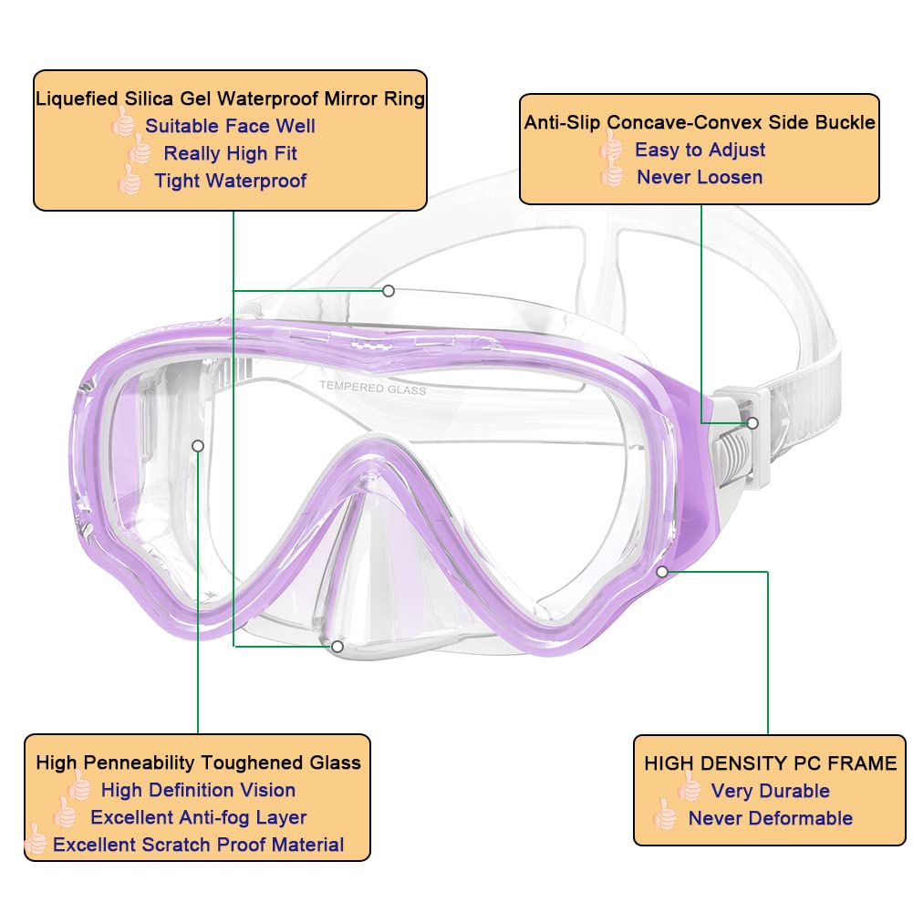 WACOOL Anti-Fog Scuba Diving Mask for Kids & Teens - Youth Swimming Snorkeling Gear with Coated Glass Lens - Perfect for Pool, Beach, and Ocean Water Activities