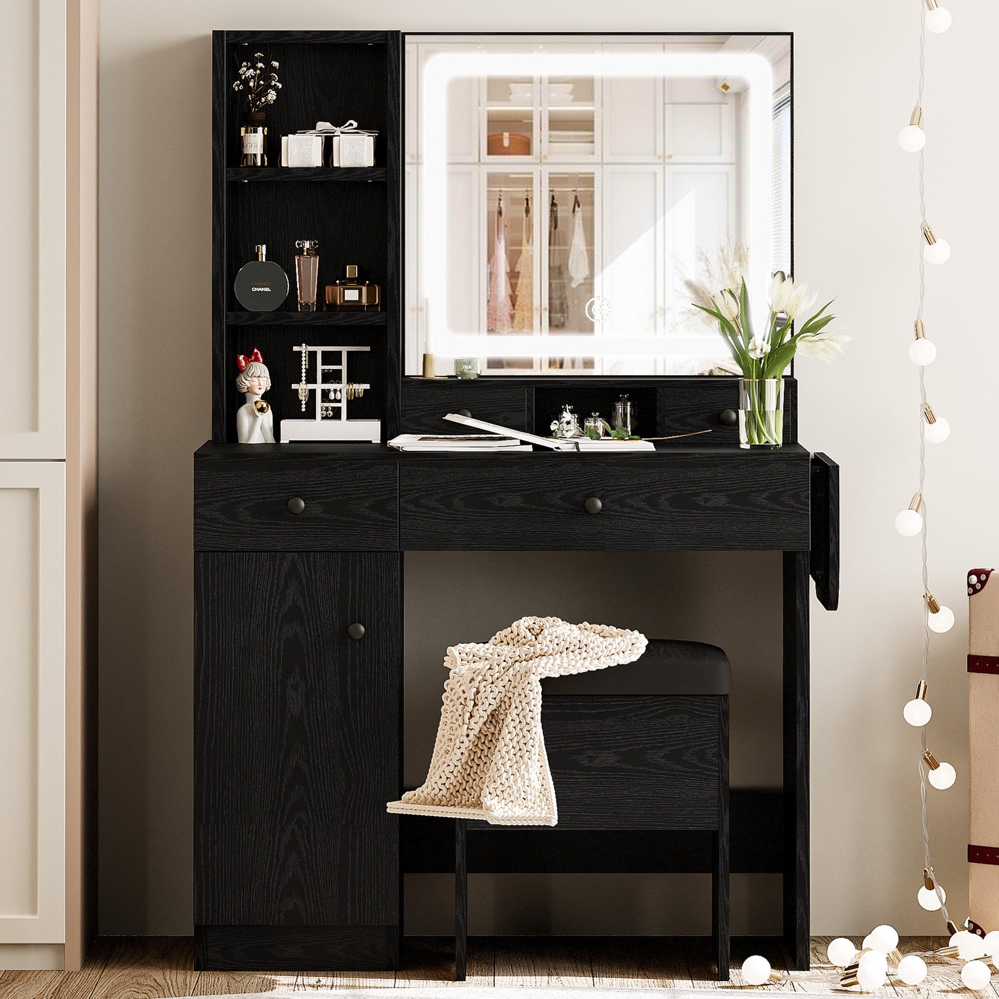 LIKIMIO Vanity Desk Set with LED Lighted Mirror, 3 Drawers & Power Outlet - Modern Black Makeup Dressing Table with Storage Stool - Perfect for Bedroom, Dorm Room & Beauty Salon Organization