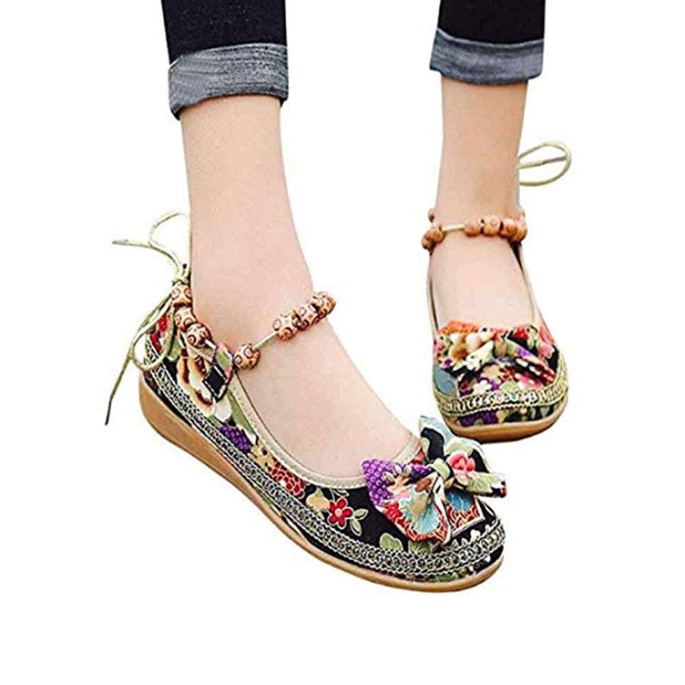 BININBOX Women's Retro Ethnic Beaded Flat Loafers - Colorful Embroidered Round Toe Casual Shoes for Women | Perfect for Boho Outfits, Office Wear & Everyday Comfort