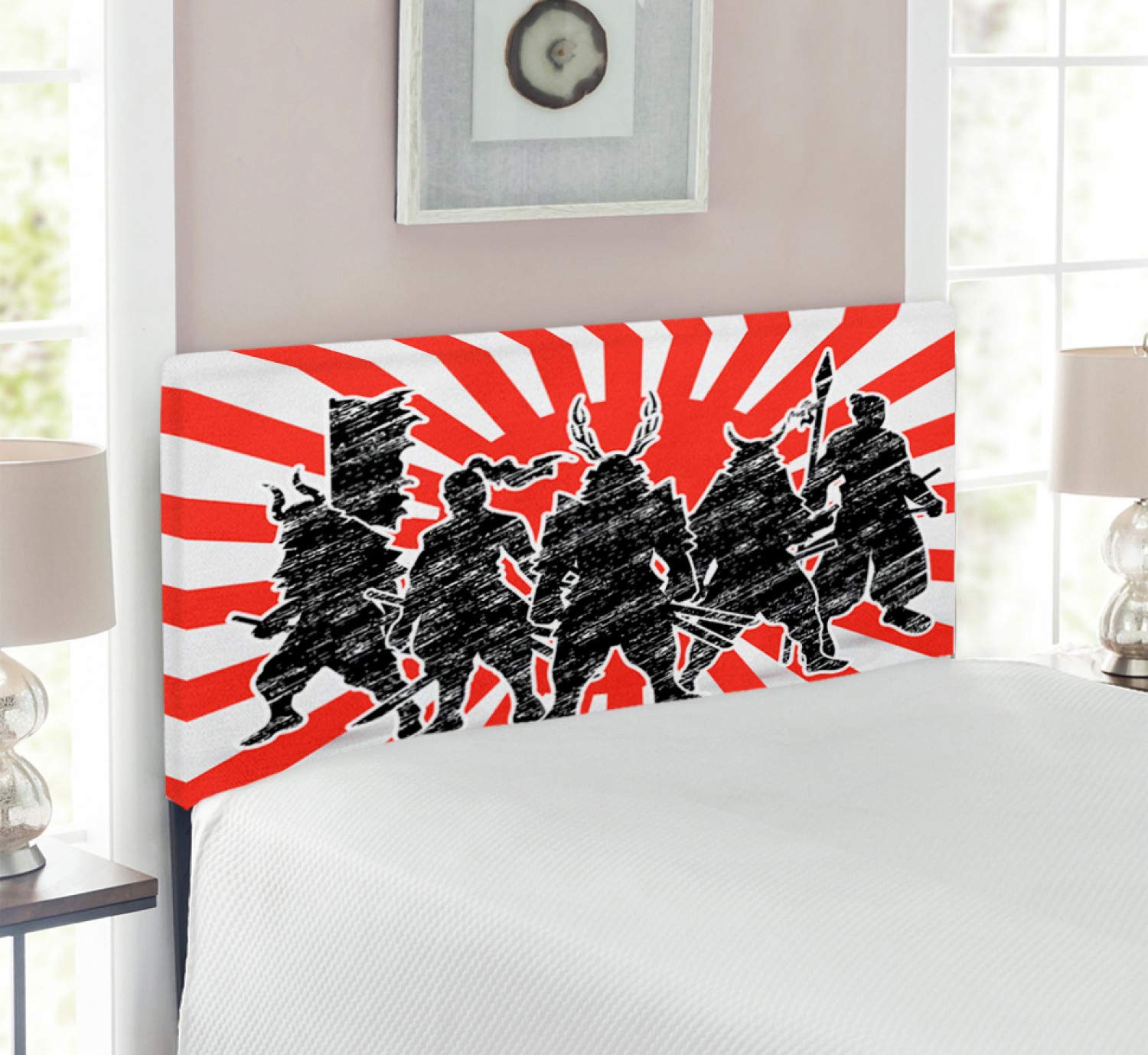 Ambesonne Japanese Samurai Ninja Upholstered Metal Headboard - Twin Size, Red & Black, Memory Foam Padding for Comfort | Perfect for Anime & Manga Themed Bedrooms, Game Rooms, and Unique Home Decor