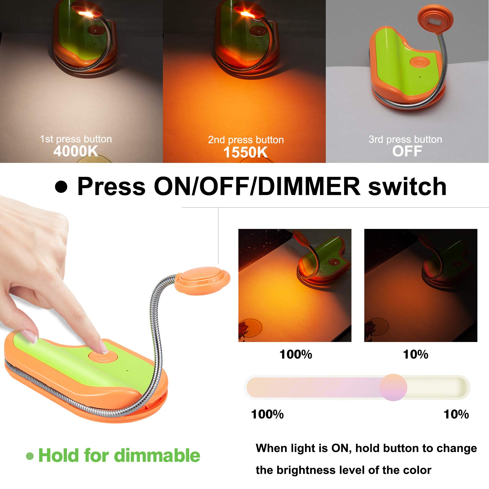 BIGMONAT Rechargeable Amber Reading Light for Kids - Portable LED Book Light with 360° Adjustable Neck, Wireless Clip-on Lamp for Night Reading, Homework & Travel (Orange) - Perfect for Bedtime Stories, Study Sessions & Camping
