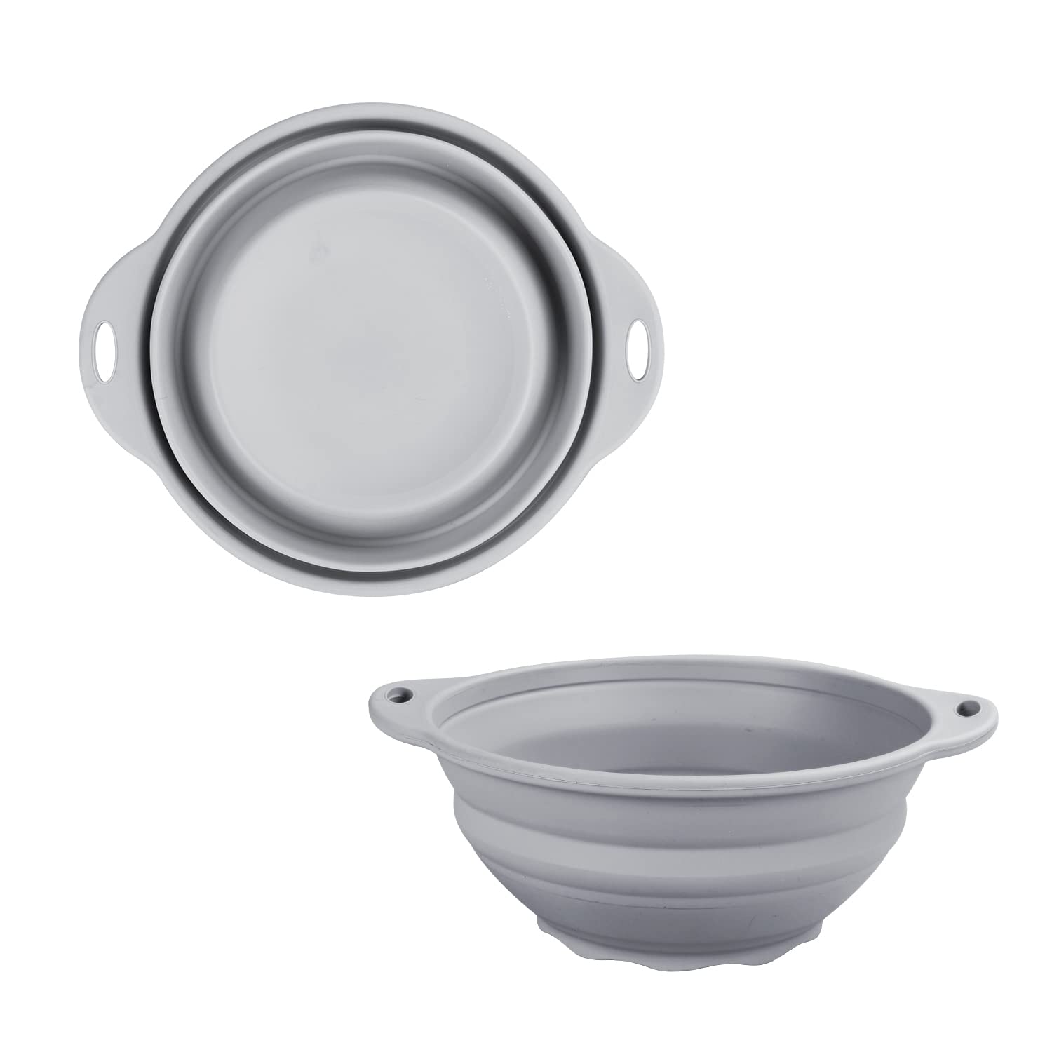 Collapsible Silicone Bowl Set of 2 - Flexible Mixing Bowls for Camping, Popcorn, Food Storage - Space Saving Grey Bowls for Kitchen, Picnic & Outdoor Adventures