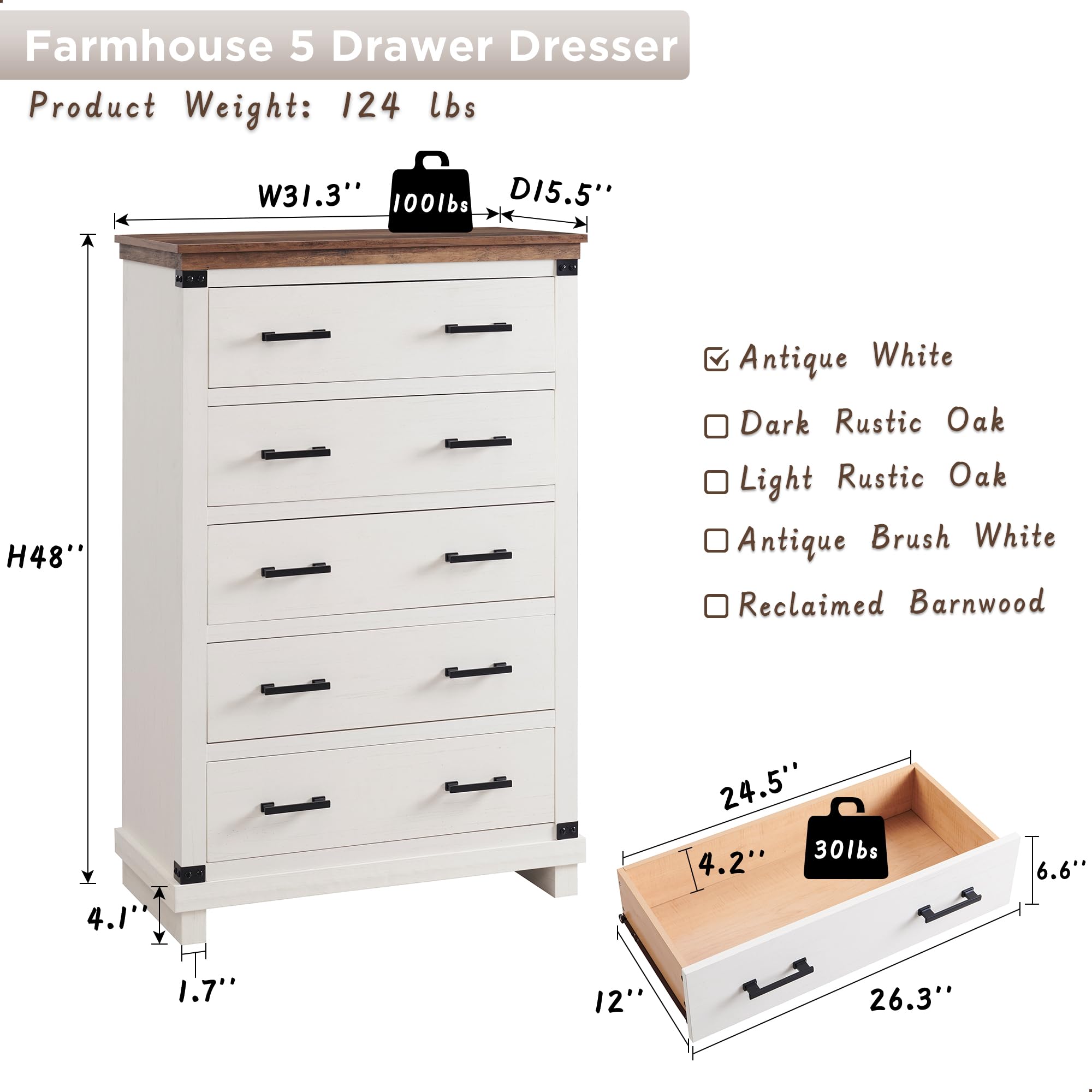 RedLemon Farmhouse 5-Drawer Wood Dresser - Solid Wood Tall Chest with Thick Plank Design, Rustic Bedroom & Living Room Storage Furniture in Antique White - Perfect for Farmhouse Decor, Guest Rooms & Closet Organization