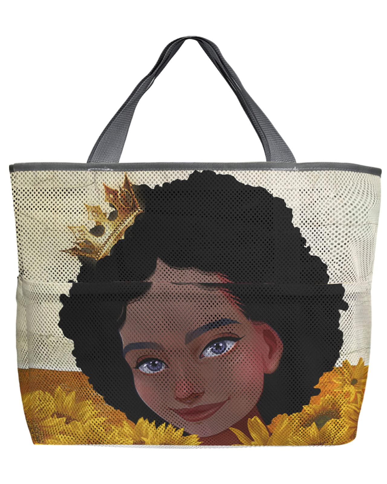 Large 60L Mesh Beach Tote Bag for Women - Black Girl Design with Afro Hair & Sunflower Oil Painting - Quick Dry Foldable Swim Bag with Pockets (24x16x9 inches) - Perfect for Beach, Pool, Grocery Shopping & Storage