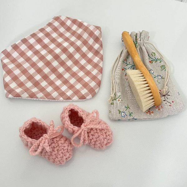 Baby Brush, Dribble Bib & Bootie Set - Newborn Gift Set for Shower, Photography & Daily Use | Soft Hair Care, Drool Protection & Warm Feet