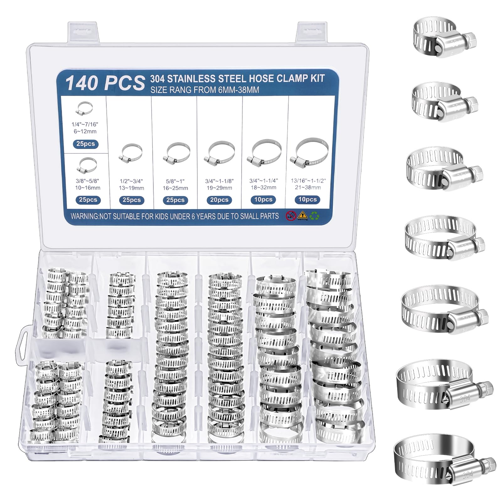 140 Pcs 304 Stainless Steel Hose Clamp Assortment Kit - 1/4