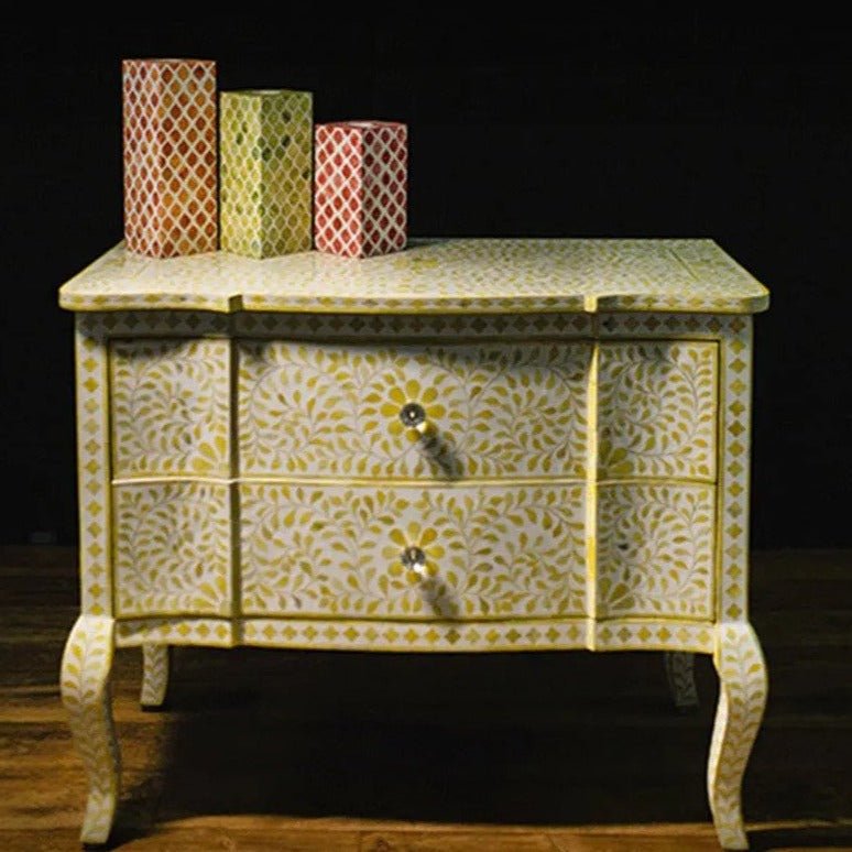 Handmade Bone Inlay French Floral Design Yellow Dresser with 2 Drawers - Vintage Bedroom Furniture for Home Decor & Storage