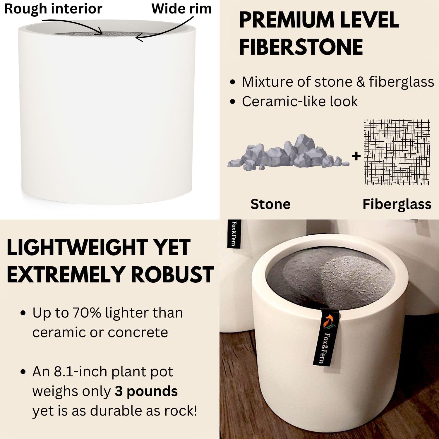 Premium 8 Inch Fiberstone Planter with Drainage - Lightweight Matte White Indoor/Outdoor Plant Pot - Weather & UV Resistant - Perfect for Home Decor, Patio, Garden, and Office Plants