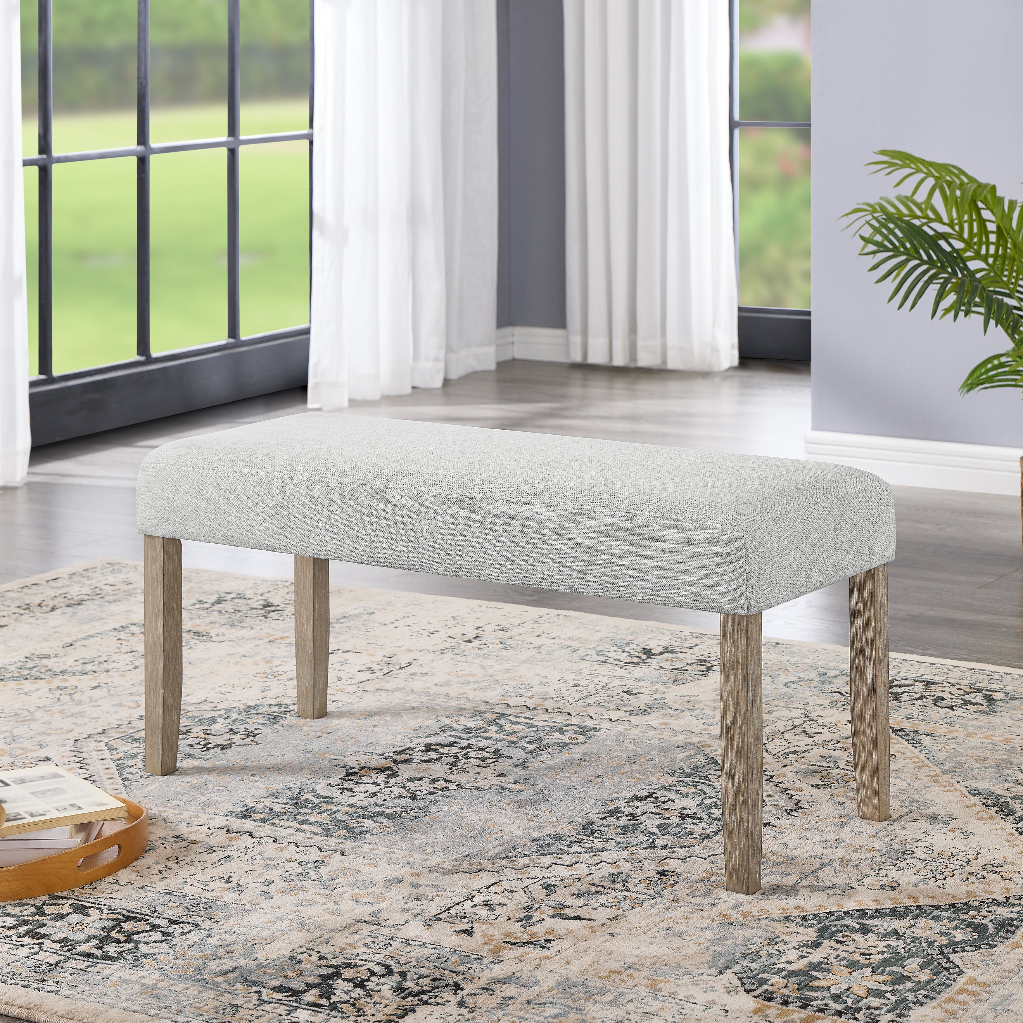 Roundhill Furniture Zelalle 6-Piece Dining Set with Table, 4 Chairs & Bench - White Wired Brushed Finish for Kitchen, Breakfast Nook or Small Dining Room