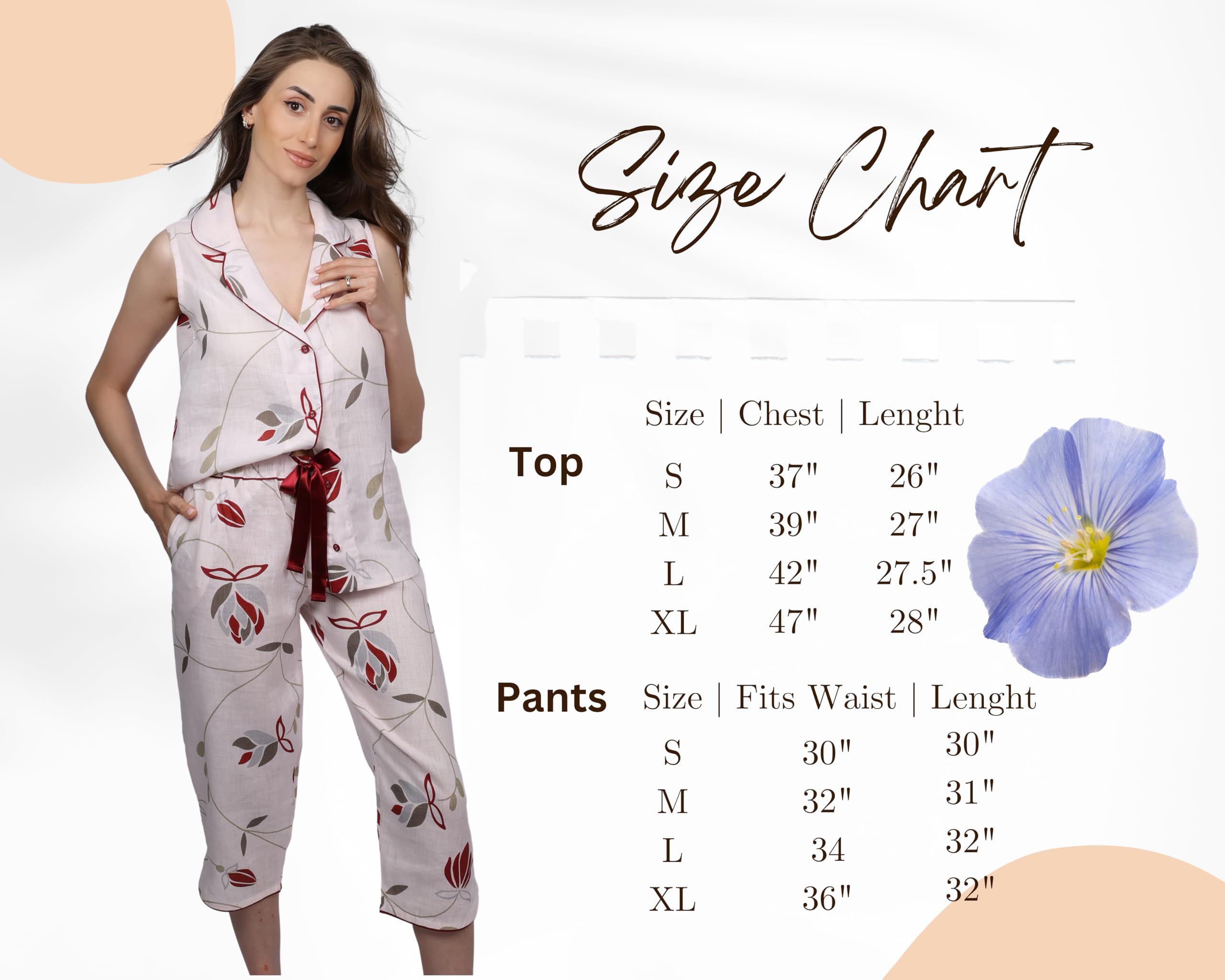 Women's Sleeveless Linen Pajama Set - Floral Print Summer Sleepwear in Heavenly Pink - European Crafted Loungewear for Nighttime Comfort & Relaxation