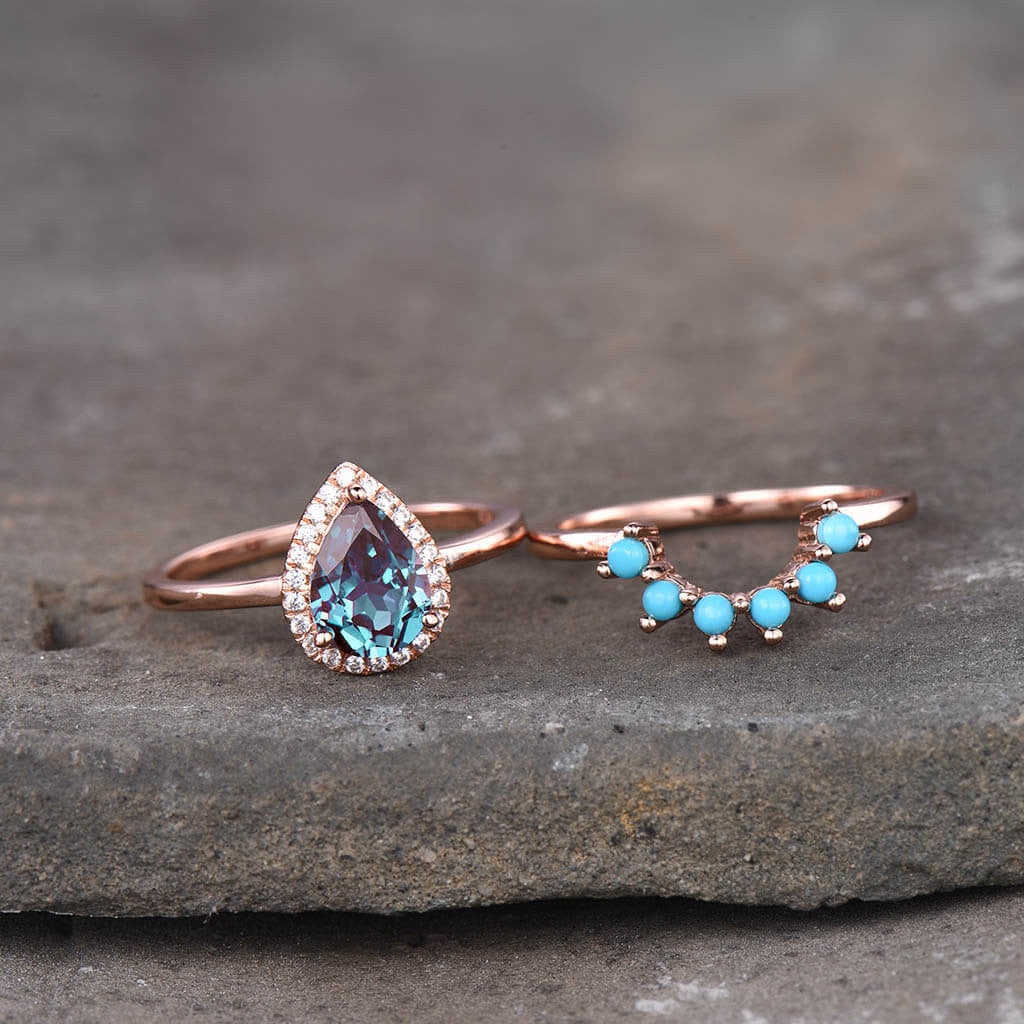 Vintage Pear Shaped Alexandrite & Turquoise Engagement Ring Set with Matching Band (2-Piece) - Perfect for Weddings, Anniversaries & Unique Proposal Gifts