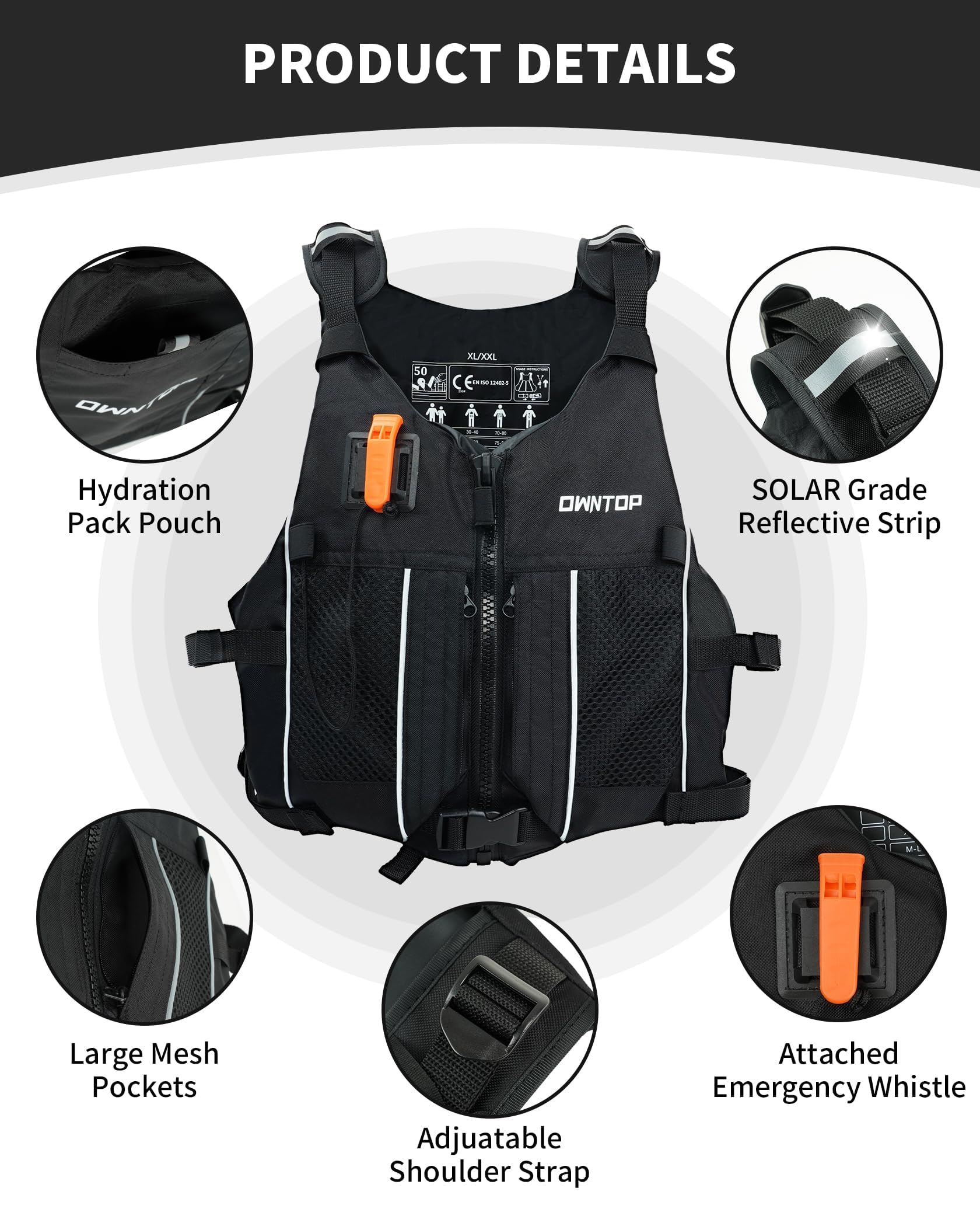 Owntop Swim Jacket for Adults & Youth - Ultra-Thin Hydration Pack with Dual Mesh Pockets & Attached Whistle - Perfect for Kayaking, Boating, Fishing and All Water Sports - Ideal for Swimming, Surfing and Outdoor Water Activities