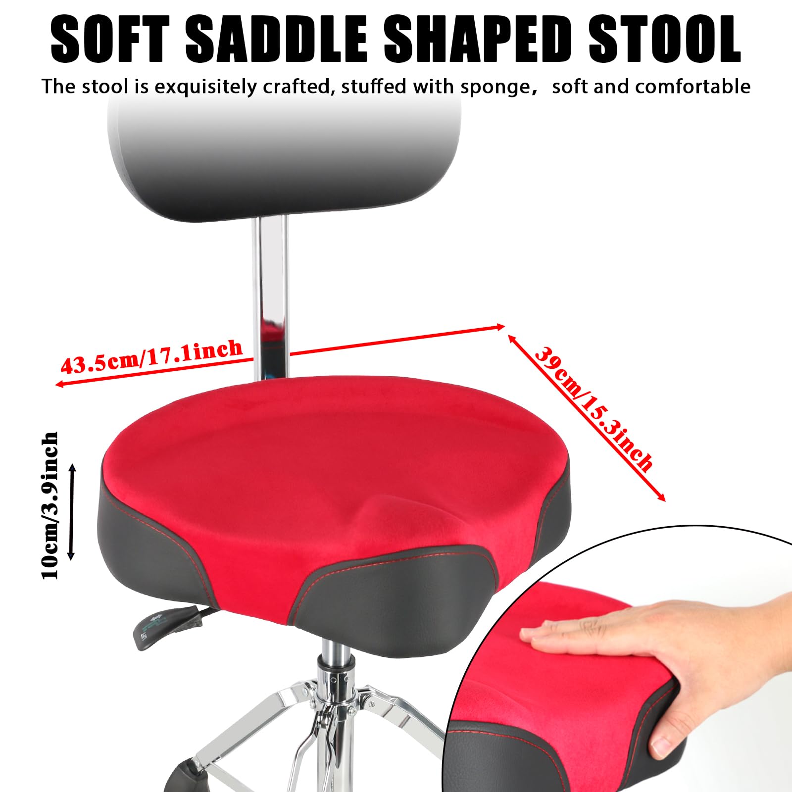 EASTROCK Heavy Duty Adjustable Drum Throne with Backrest - Motorcycle Style Hydraulic Drum Seat for Adult Drummers (Red) - Perfect for Drum Kits, Practice Sessions & Live Performances